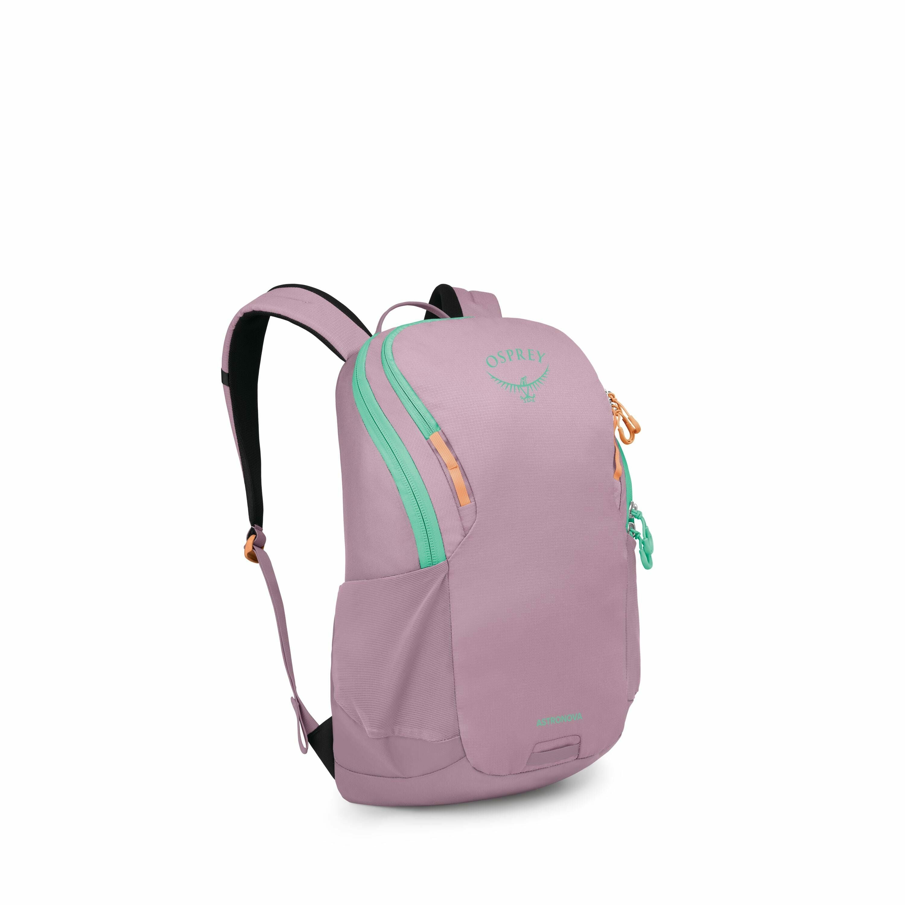 The image features a backpack from the brand Osprey, prominently displayed against a plain white background. The backpack is primarily lavender in color, accented by vibrant green zippers and logo detailing. It has a clean and modern design with two main