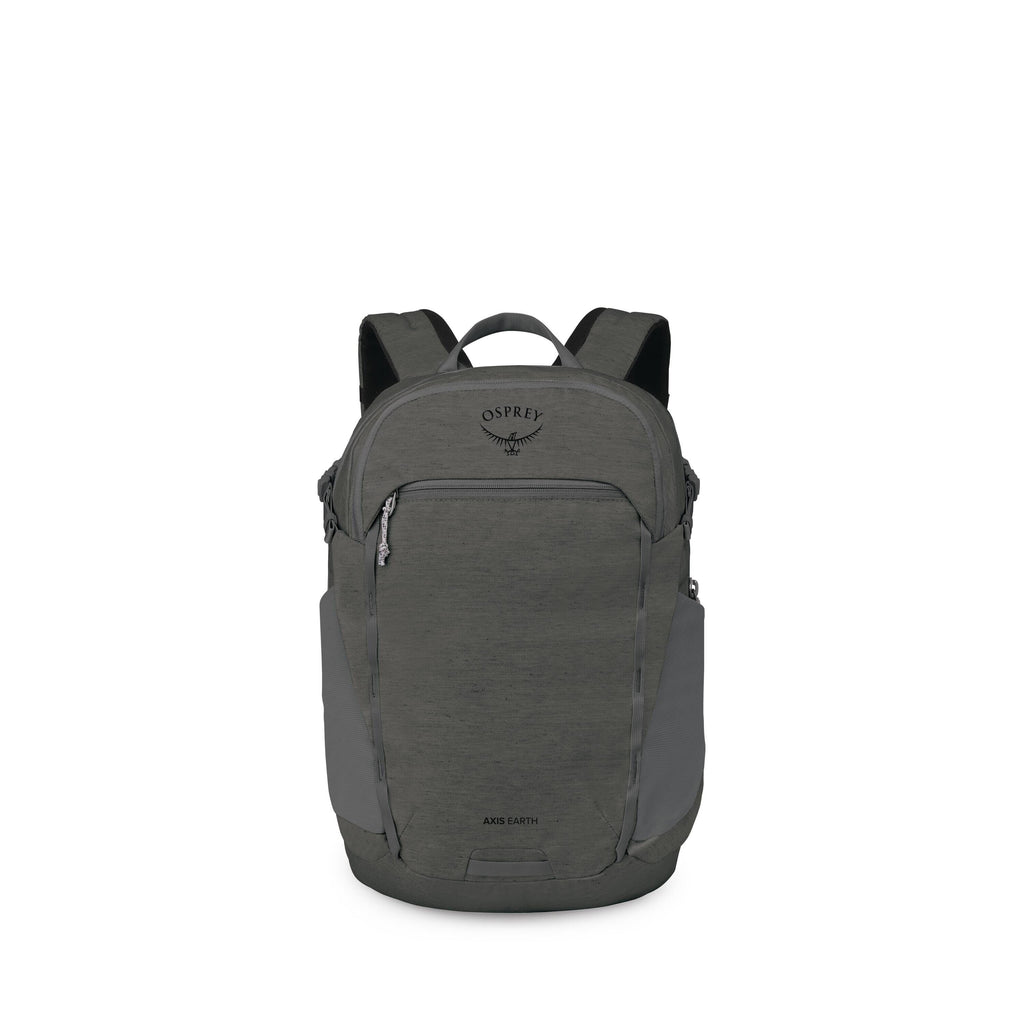 The images show a gray Osprey backpack, specifically the Axis Earth model, displayed from the front. It has a streamlined, urban design with a large front panel, a top zip pocket, and side stretch pockets. The Osprey logo appears near the top, and there's