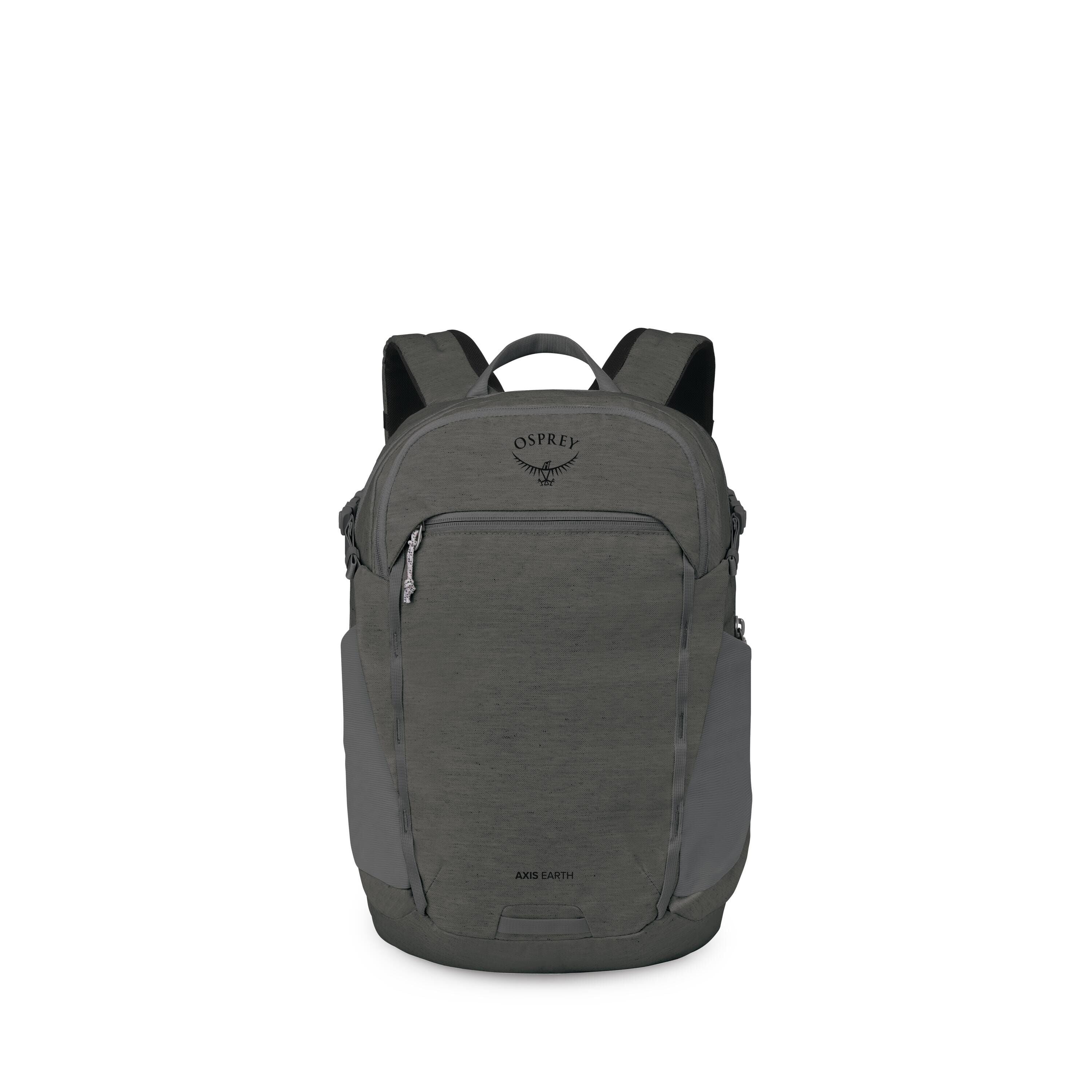 The images show a gray Osprey backpack, specifically the Axis Earth model, displayed from the front. It has a streamlined, urban design with a large front panel, a top zip pocket, and side stretch pockets. The Osprey logo appears near the top, and there's
