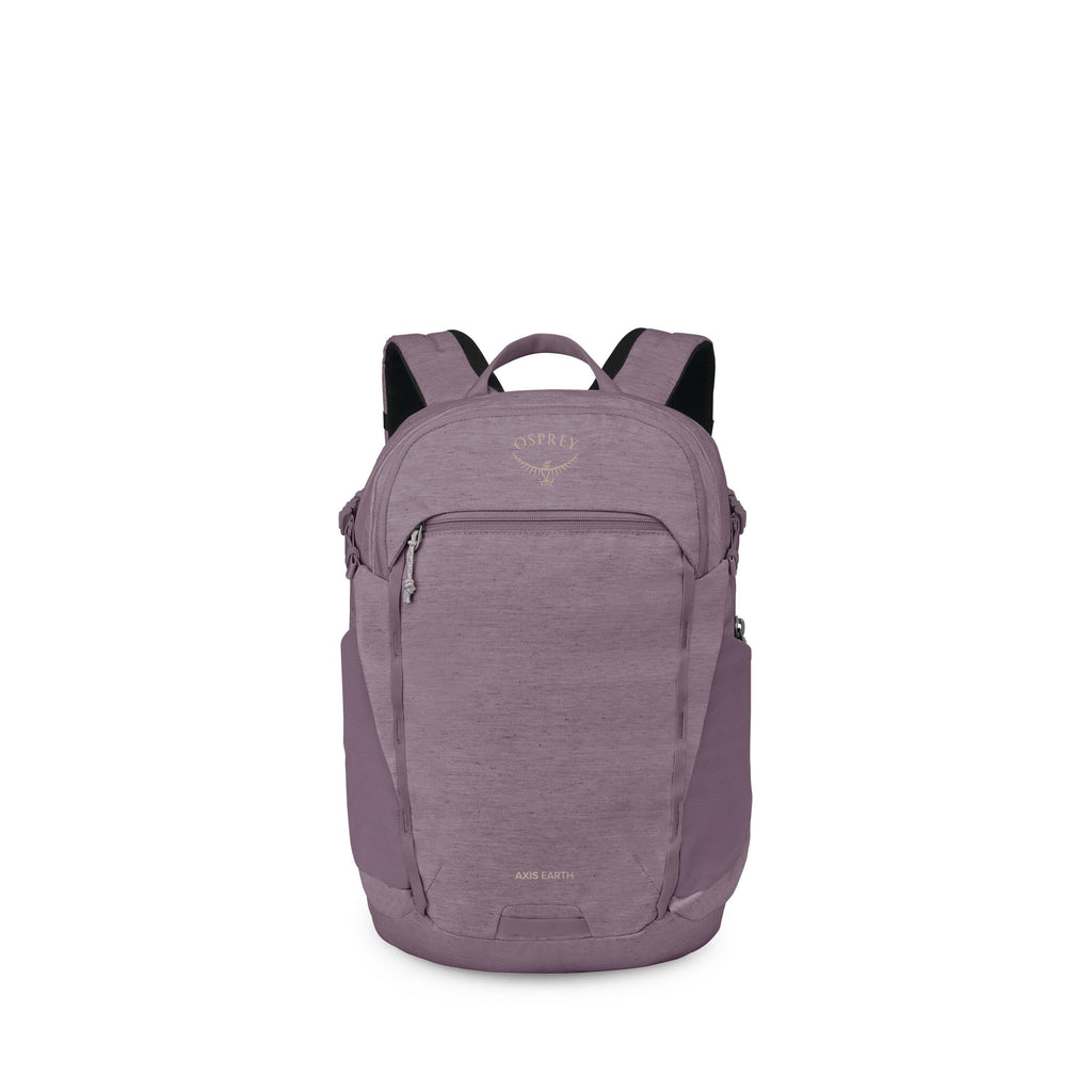 A series of product images shows a purple Osprey backpack from the front. The main photo presents the full bag with a streamlined shape, front zip pocket, side pockets, and padded shoulder straps; the Osprey logo is visible near the top and "AXIS EARTH" n