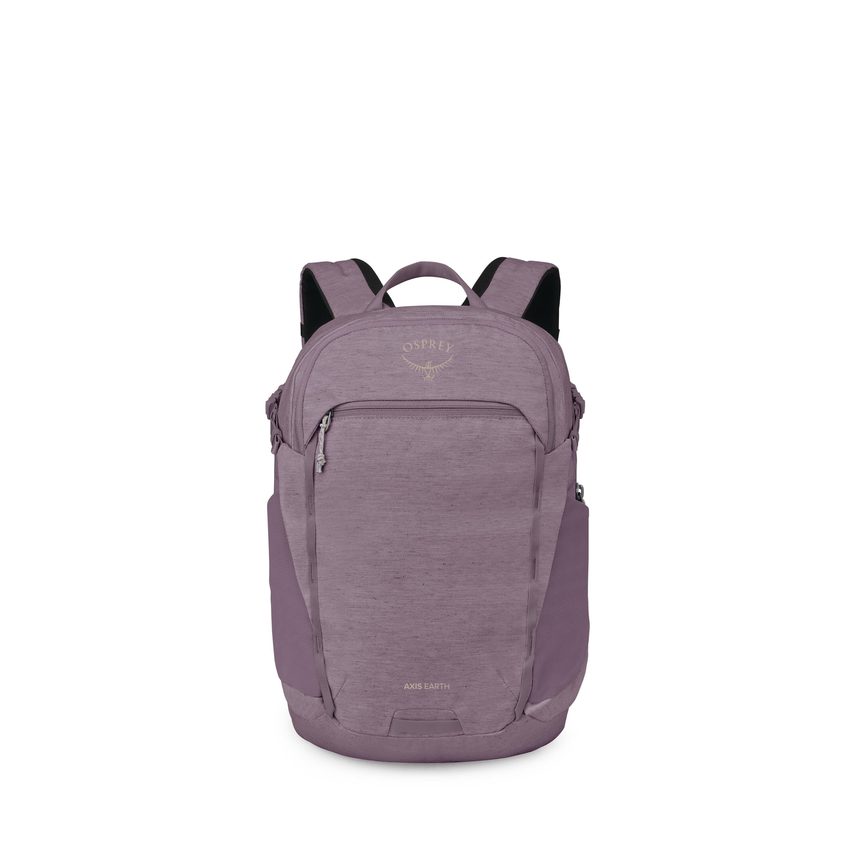 A series of product images shows a purple Osprey backpack from the front. The main photo presents the full bag with a streamlined shape, front zip pocket, side pockets, and padded shoulder straps; the Osprey logo is visible near the top and "AXIS EARTH" n