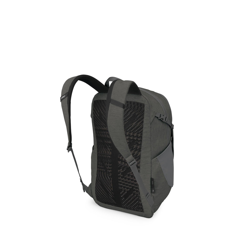 The images show a dark gray/green modern backpack viewed from the back and side angles. It features padded, adjustable shoulder straps, a ventilated mesh back panel with patterned cushioning, and a side pocket with a flap. Additional images isolate specif