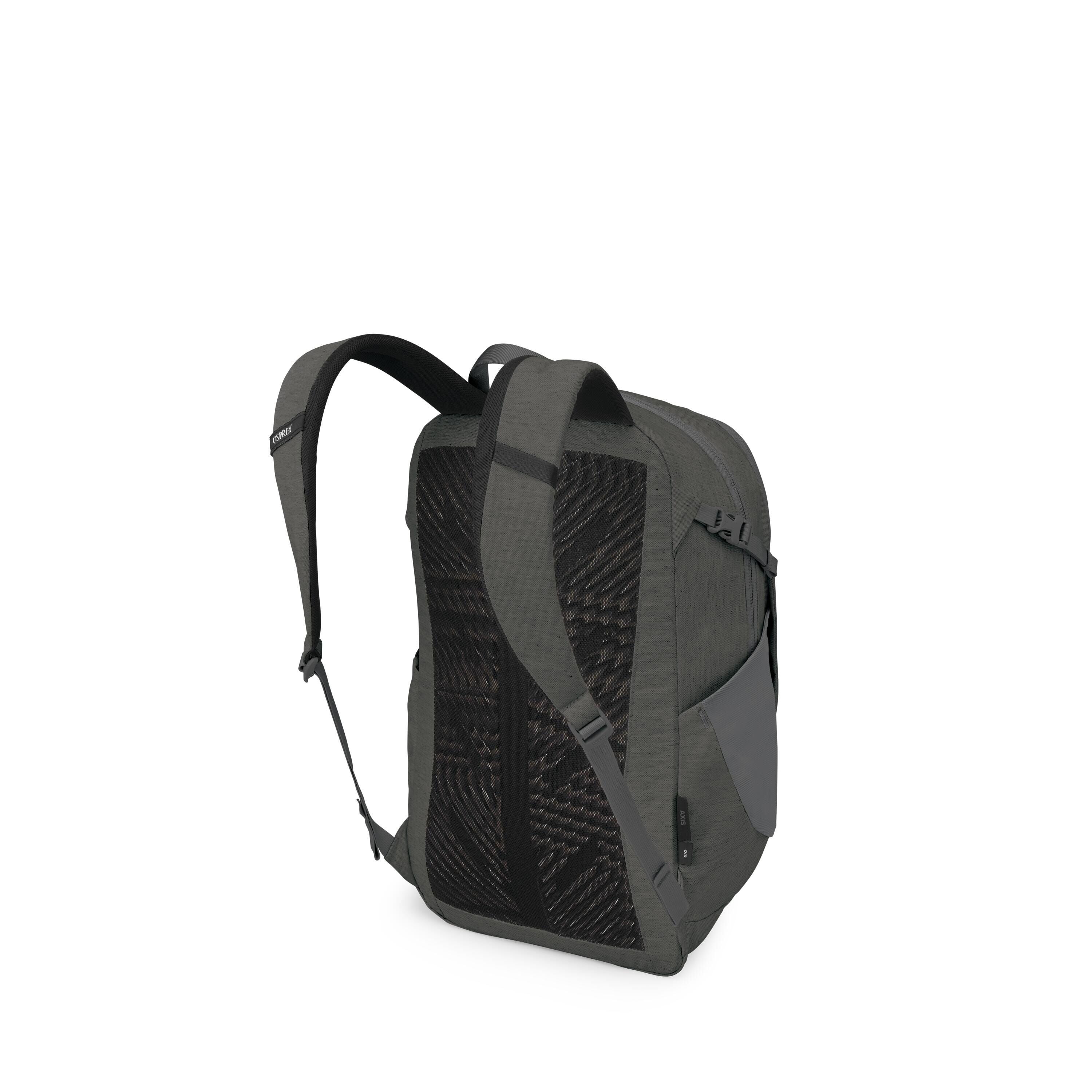 The images show a dark gray/green modern backpack viewed from the back and side angles. It features padded, adjustable shoulder straps, a ventilated mesh back panel with patterned cushioning, and a side pocket with a flap. Additional images isolate specif