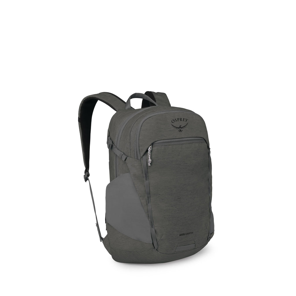 The images show a gray Osprey Axis Earth backpack presented on a white background. It has a clean, urban design with two main zippered compartments, a front zip pocket, and stretch side pockets for bottles. Padded shoulder straps and a top carry handle ar