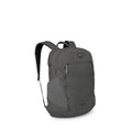 The images show a gray Osprey Axis Earth backpack presented on a white background. It has a clean, urban design with two main zippered compartments, a front zip pocket, and stretch side pockets for bottles. Padded shoulder straps and a top carry handle ar