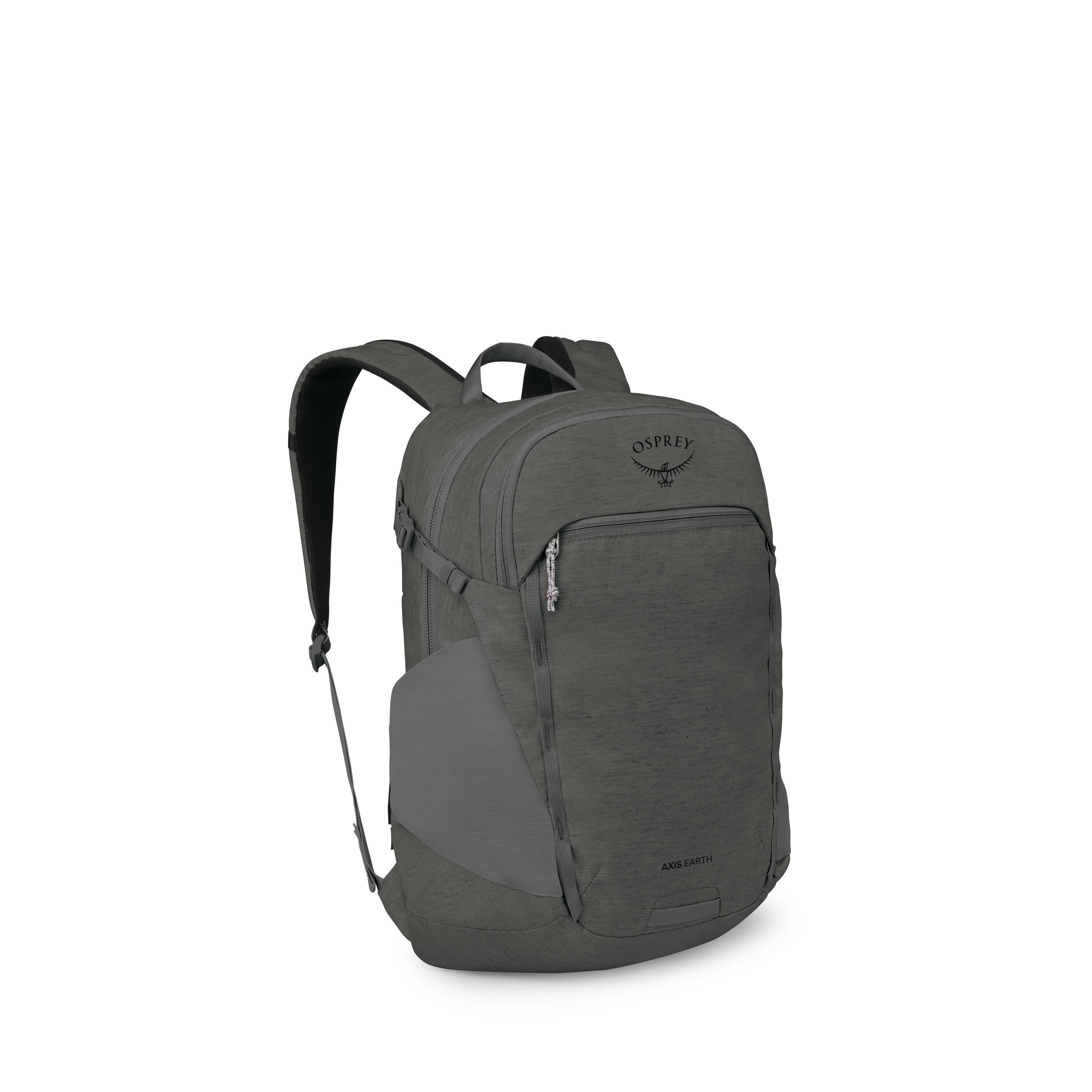 The images show a gray Osprey Axis Earth backpack presented on a white background. It has a clean, urban design with two main zippered compartments, a front zip pocket, and stretch side pockets for bottles. Padded shoulder straps and a top carry handle ar