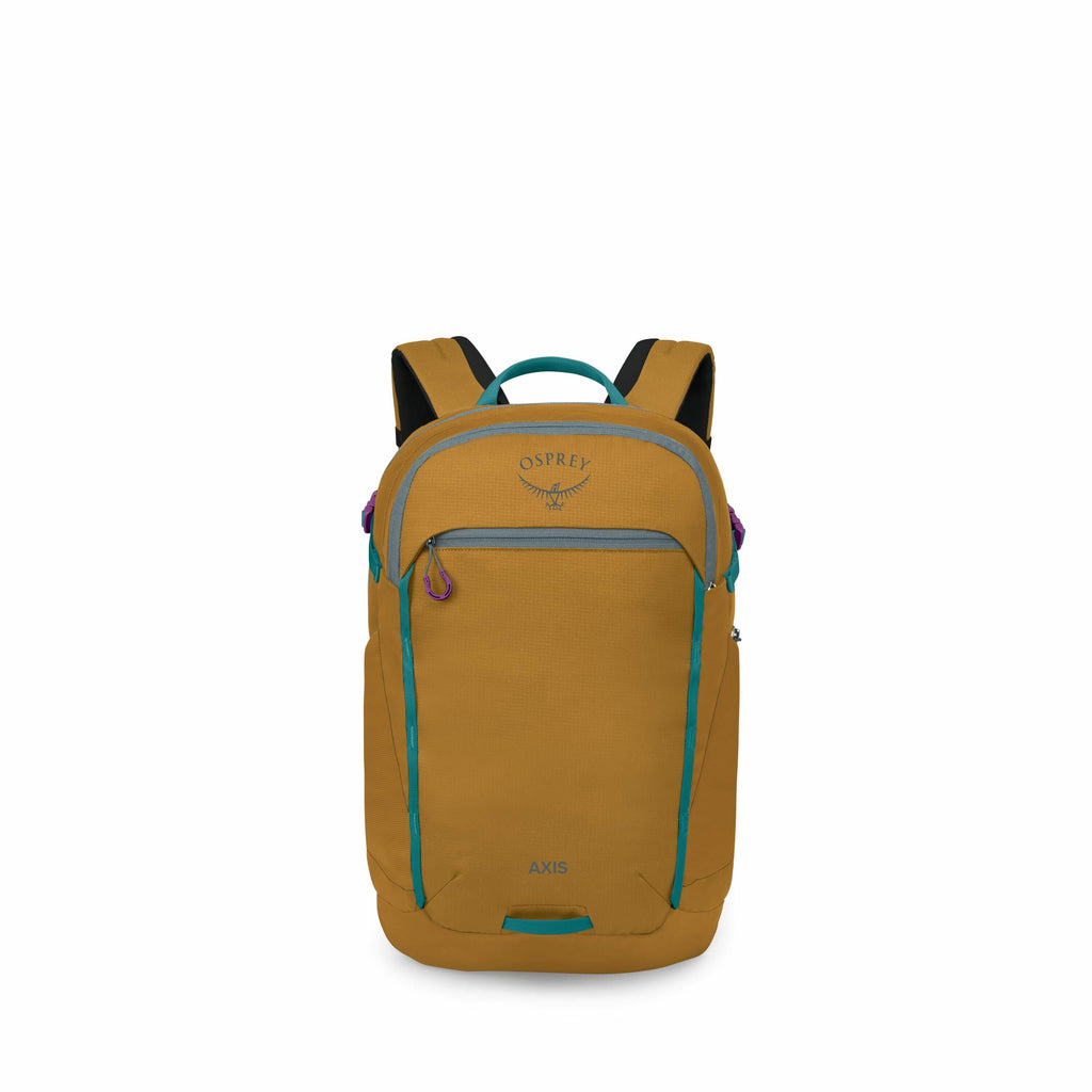 The image shows a mustard yellow backpack with the branding "Osprey" on the front. The design is sleek and modern, featuring a front zippered pocket and a top handle for easy carrying. The backpack also has adjustable shoulder straps with a black interior