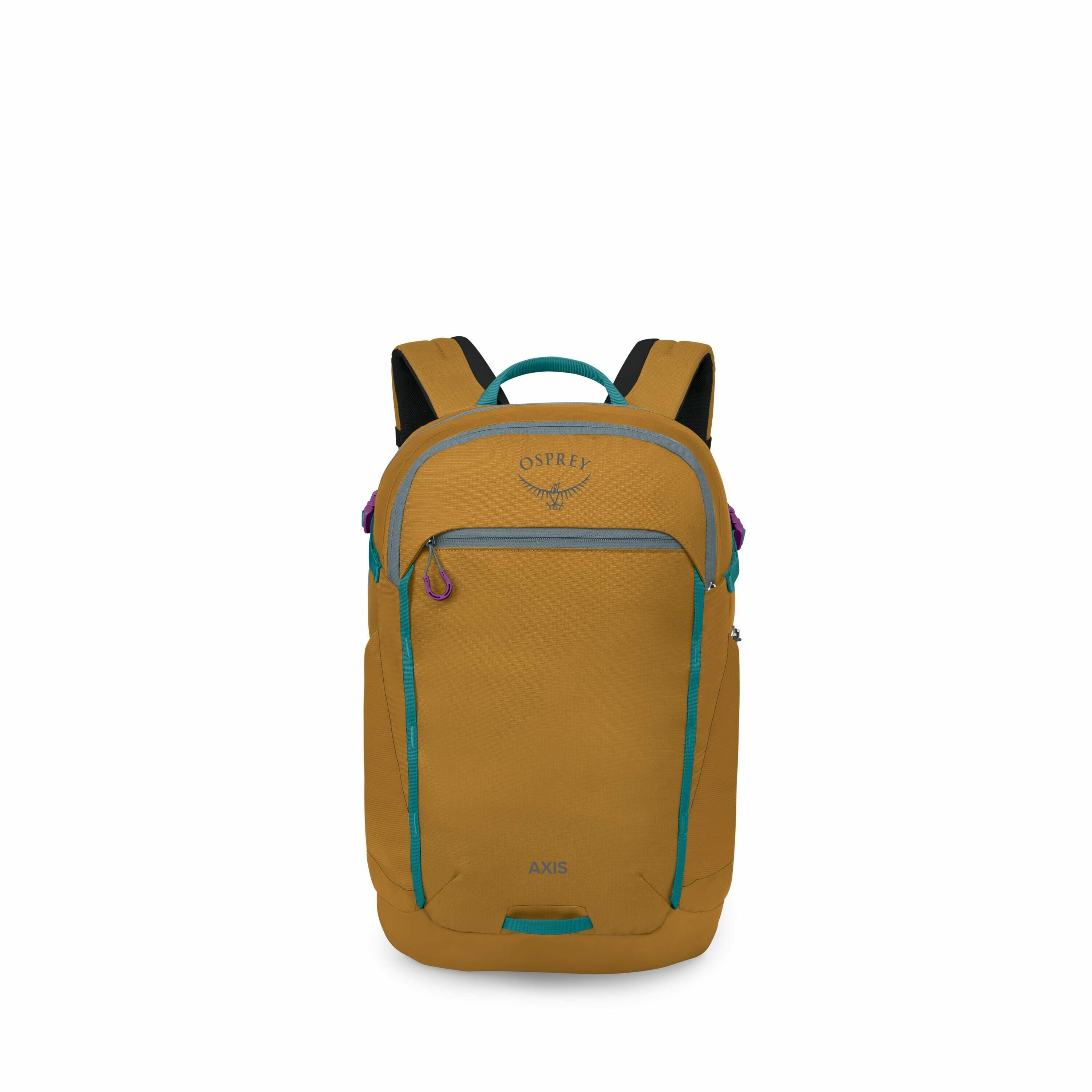 The image shows a mustard yellow backpack with the branding "Osprey" on the front. The design is sleek and modern, featuring a front zippered pocket and a top handle for easy carrying. The backpack also has adjustable shoulder straps with a black interior