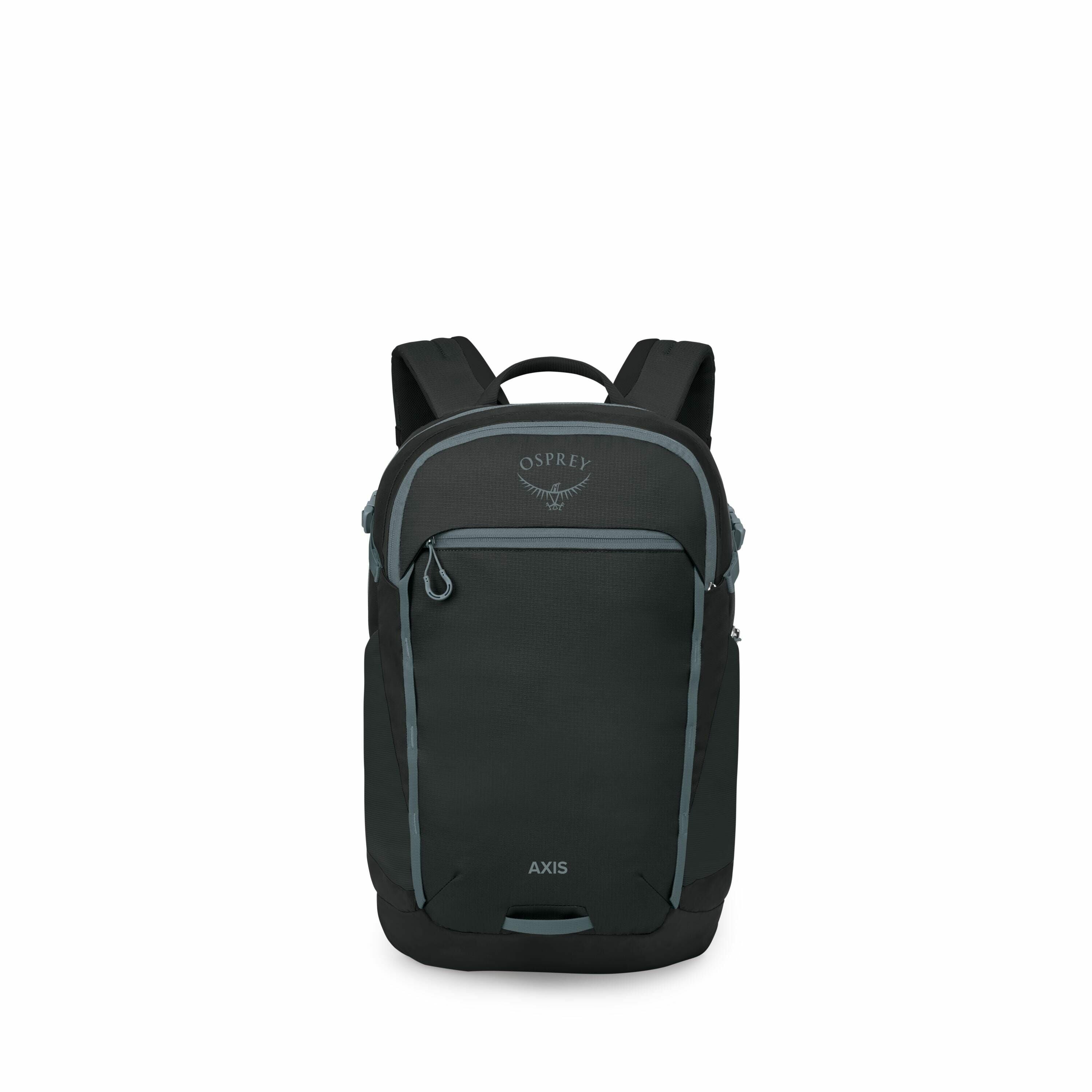 The image showcases a dark-colored backpack with teal accents and detailing. The backpack features a top handle and adjustable shoulder straps for easy carrying. On the upper portion of the front panel, the Osprey logo is visible, consisting of the brand