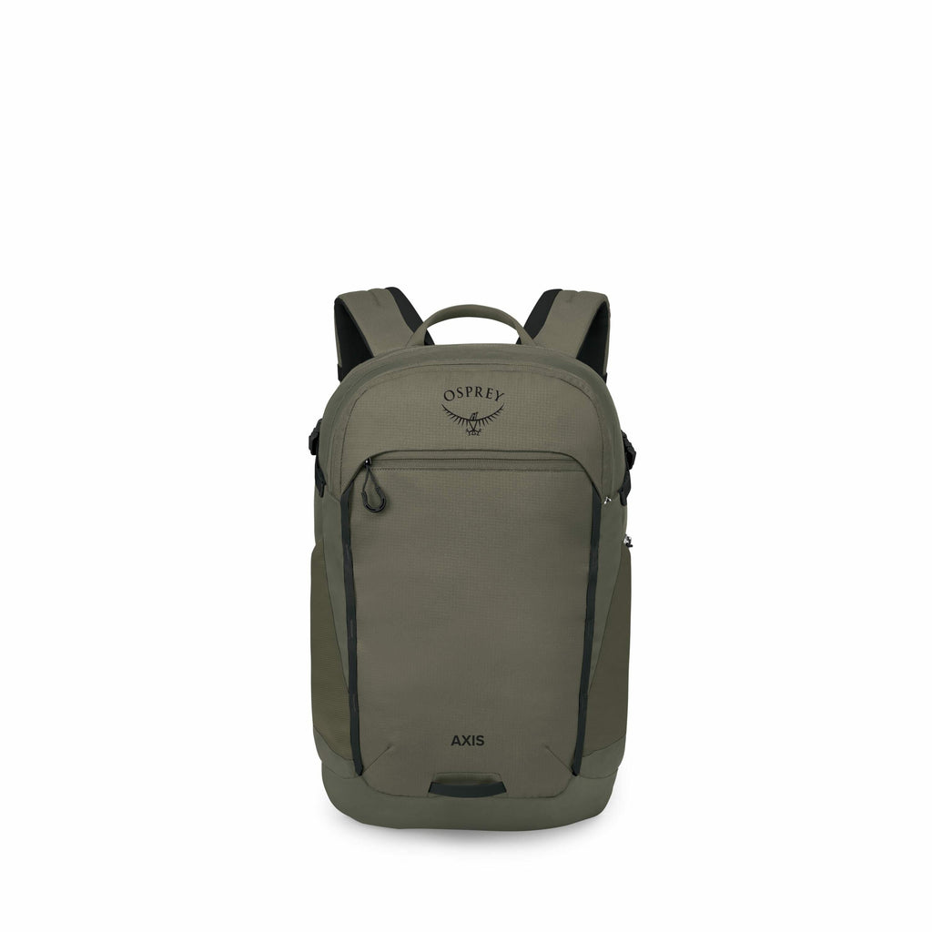 The image displays a series of pieces that appear to be parts of a backpack. The first image shows a fully assembled Osprey backpack in olive green, featuring a top handle, adjustable shoulder straps, and a front zip pocket. The backpack has the "Osprey"