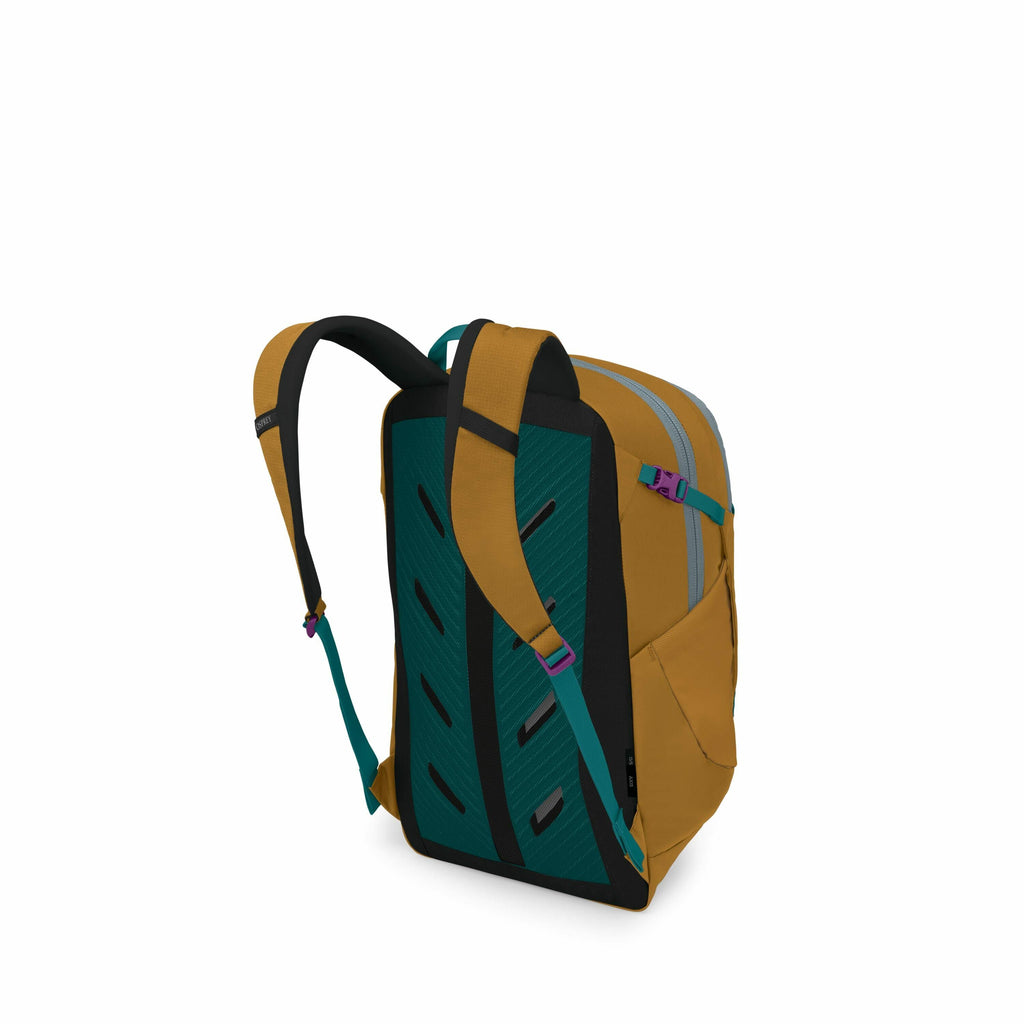 The image showcases a stylish backpack from various angles. The main view highlights the back of the backpack, which features a contrasting teal back panel with black accents and ventilation slits. The backpack is predominantly a warm mustard color, compl