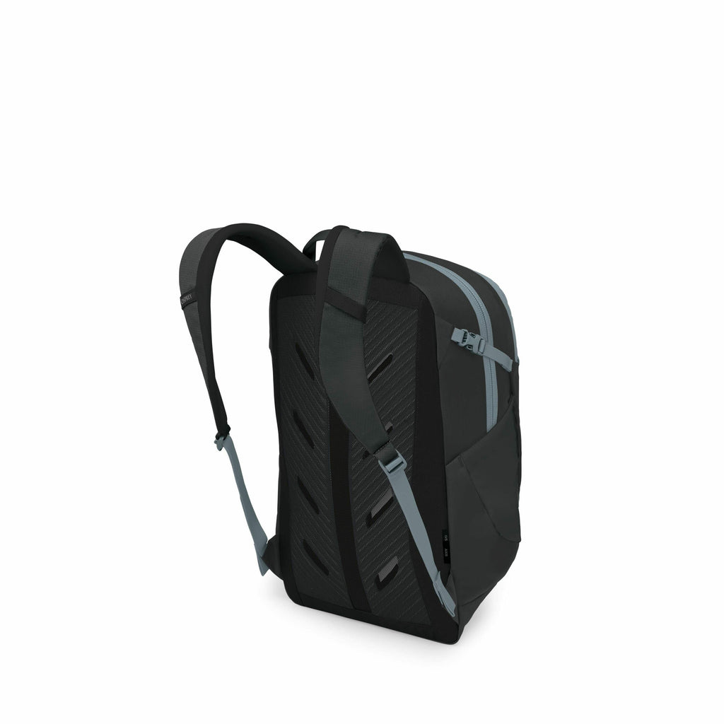 The image displays a sleek and modern black backpack with light blue accents. The backpack has a rectangular shape with a smooth, streamlined design and adjustable shoulder straps. The back panel has a textured pattern for added grip and ventilation. The