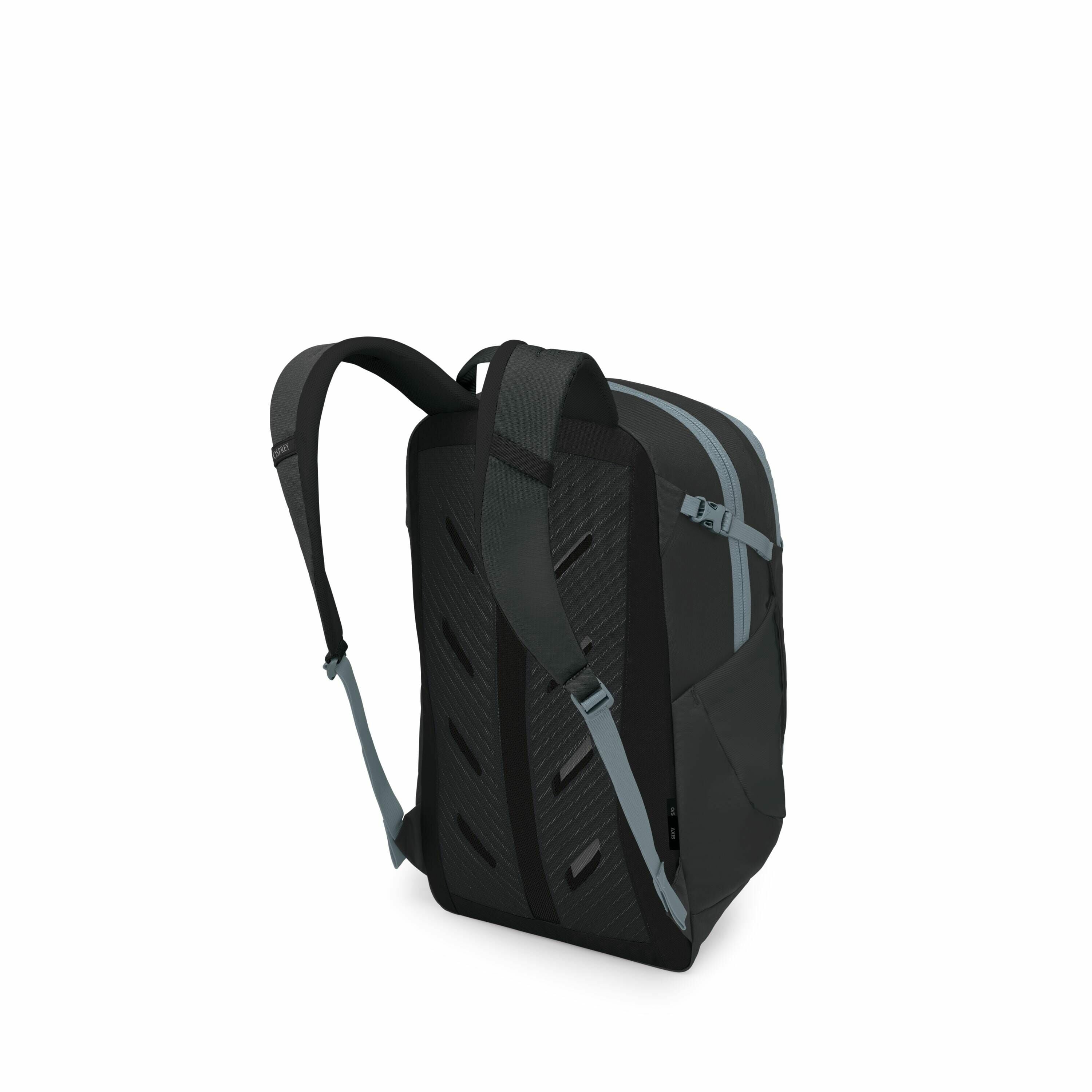The image displays a sleek and modern black backpack with light blue accents. The backpack has a rectangular shape with a smooth, streamlined design and adjustable shoulder straps. The back panel has a textured pattern for added grip and ventilation. The