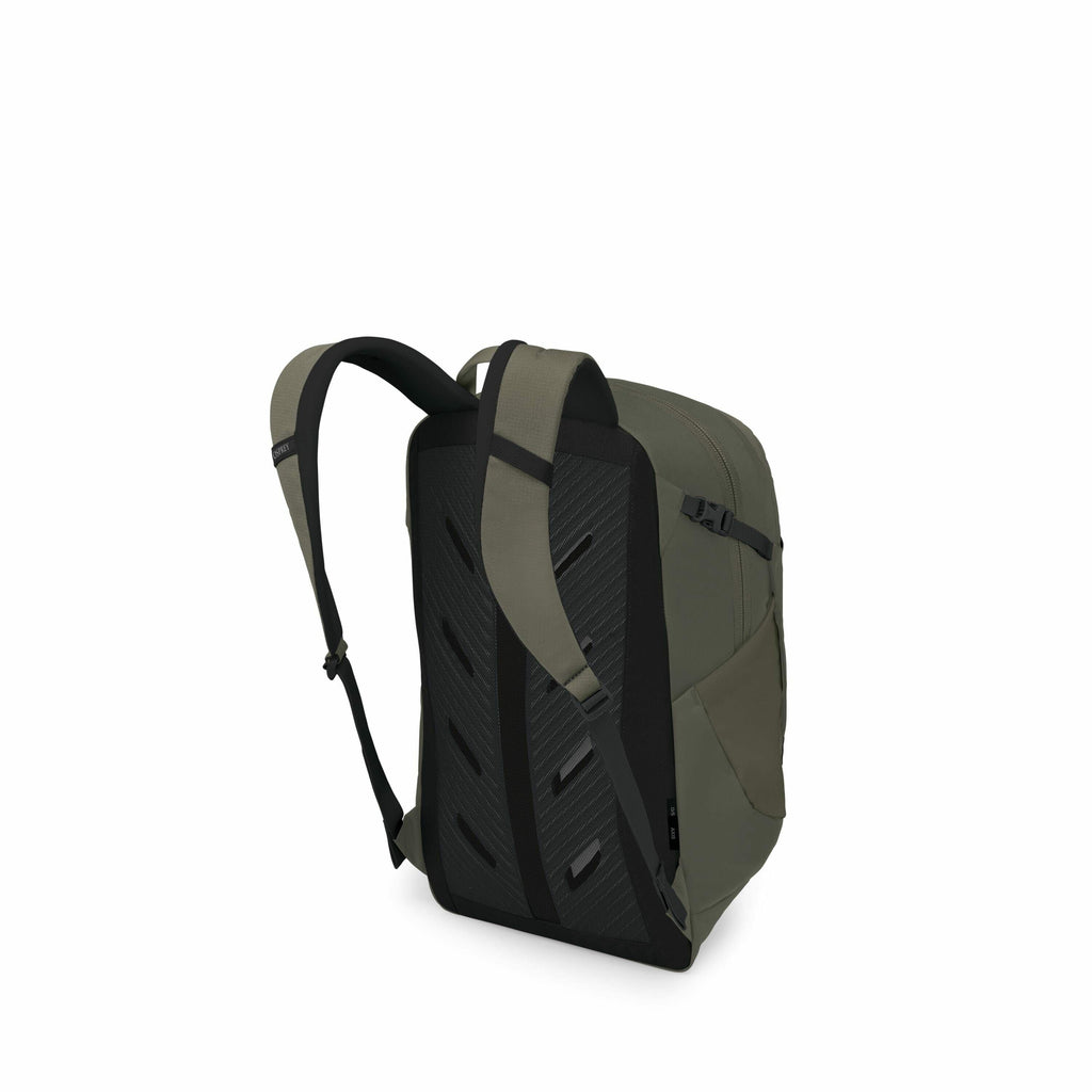 The images display a military green backpack from various angles, highlighting its design and components. The first two images show the backpack in its entirety, emphasizing its back panel, straps, and the side pocket detail. The following images focus on