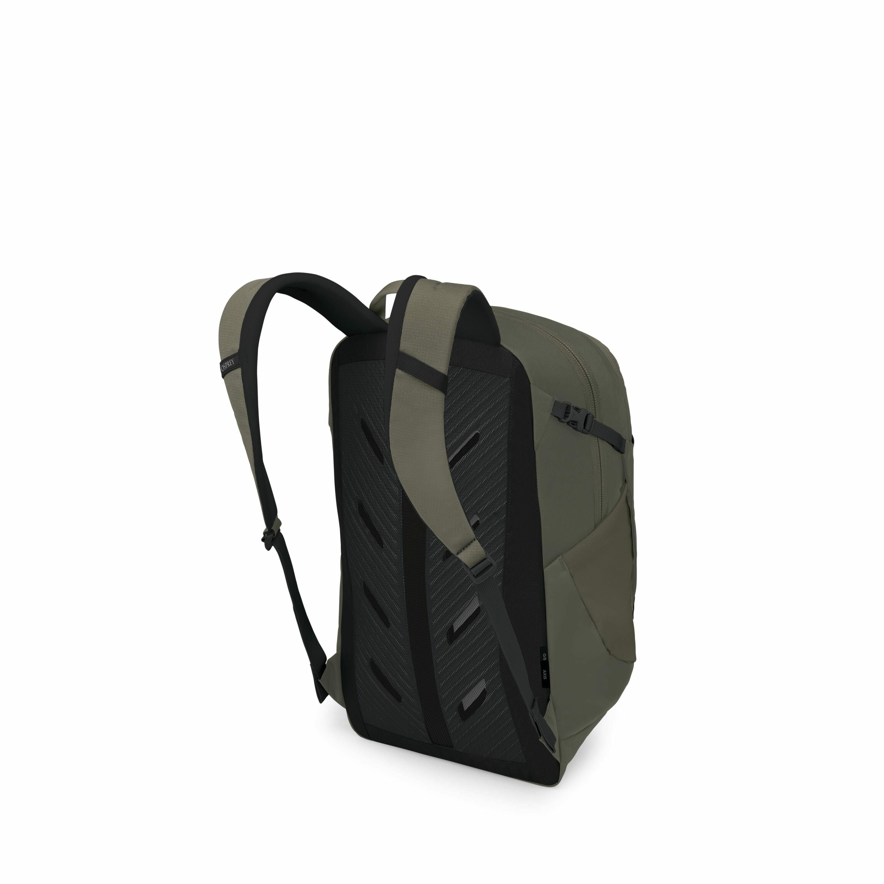 The images display a military green backpack from various angles, highlighting its design and components. The first two images show the backpack in its entirety, emphasizing its back panel, straps, and the side pocket detail. The following images focus on