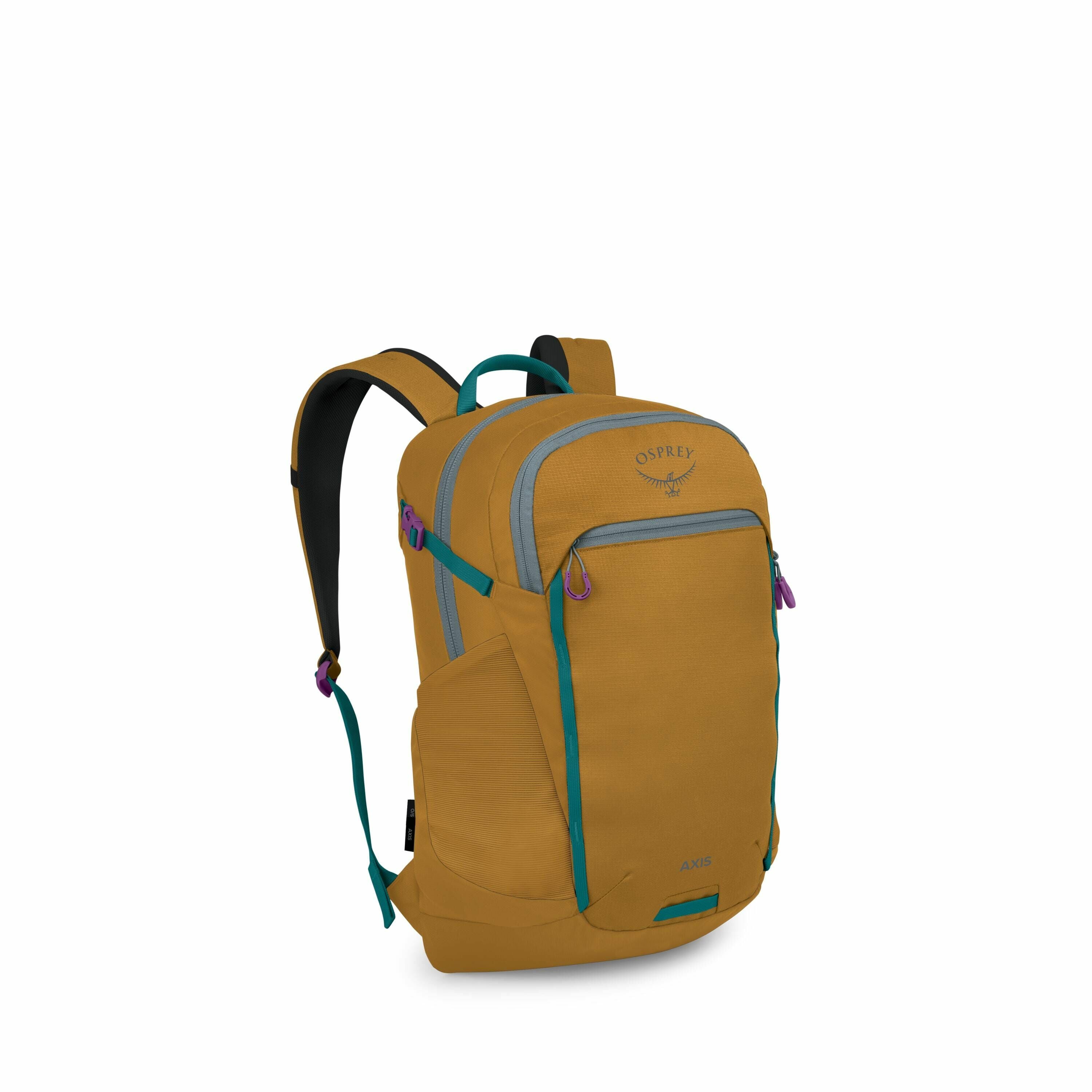 The image depicts a vibrant mustard-colored backpack with contrasting turquoise and purple accents, branded with the name "Osprey" and the model "Axis." It features a sleek design with a front zipper pocket, side mesh pockets, and padded shoulder straps f