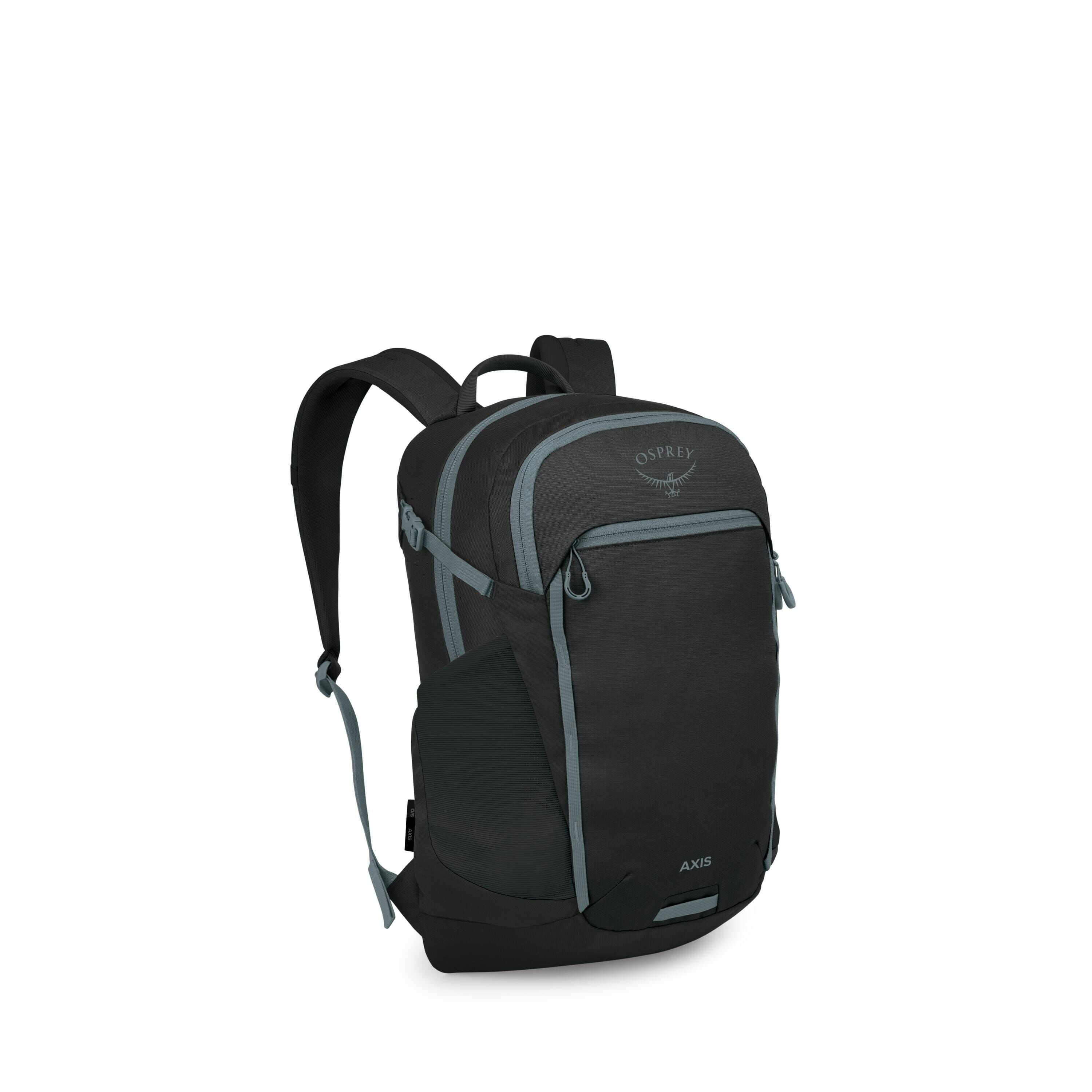 The image showcases a black Osprey backpack from various angles, highlighting its design and features. The backpack has a sleek and modern appearance with light blue zippers and accents that contrast against the black fabric. It features multiple compartm