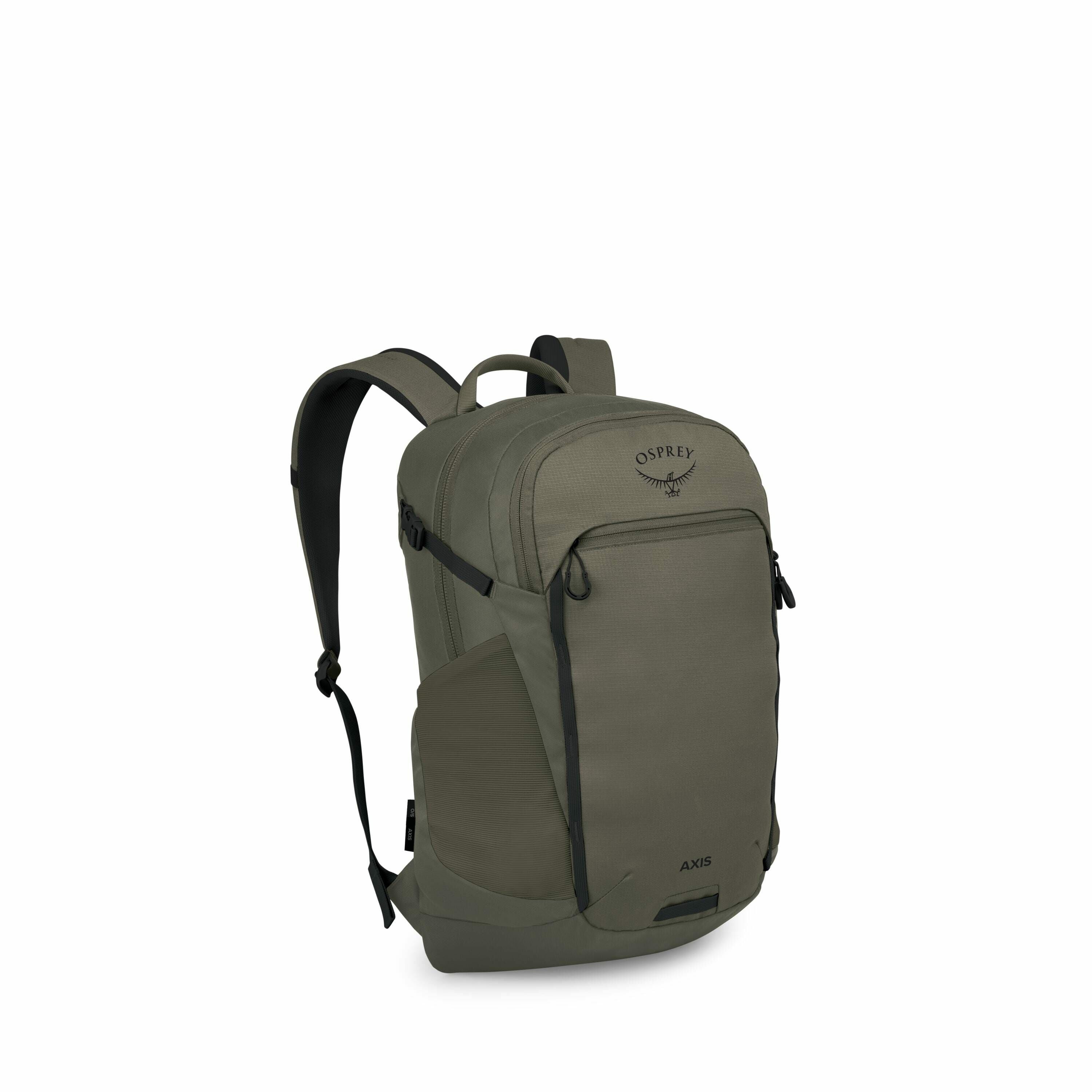 The image shows a backpack made by the brand Osprey, specifically the "Axis" model. The backpack is designed with a sleek, modern look and features a muted green color. It has a prominent front zipper pocket, two side mesh pockets, and adjustable padded s