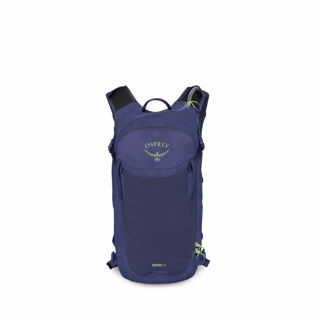 The image showcases an Osprey backpack in a deep blue color, labeled "BERM 12" at the bottom. The backpack is prominently displayed in a front view, highlighting its streamlined and compact design ideal for day hikes or cycling. It features the Osprey log