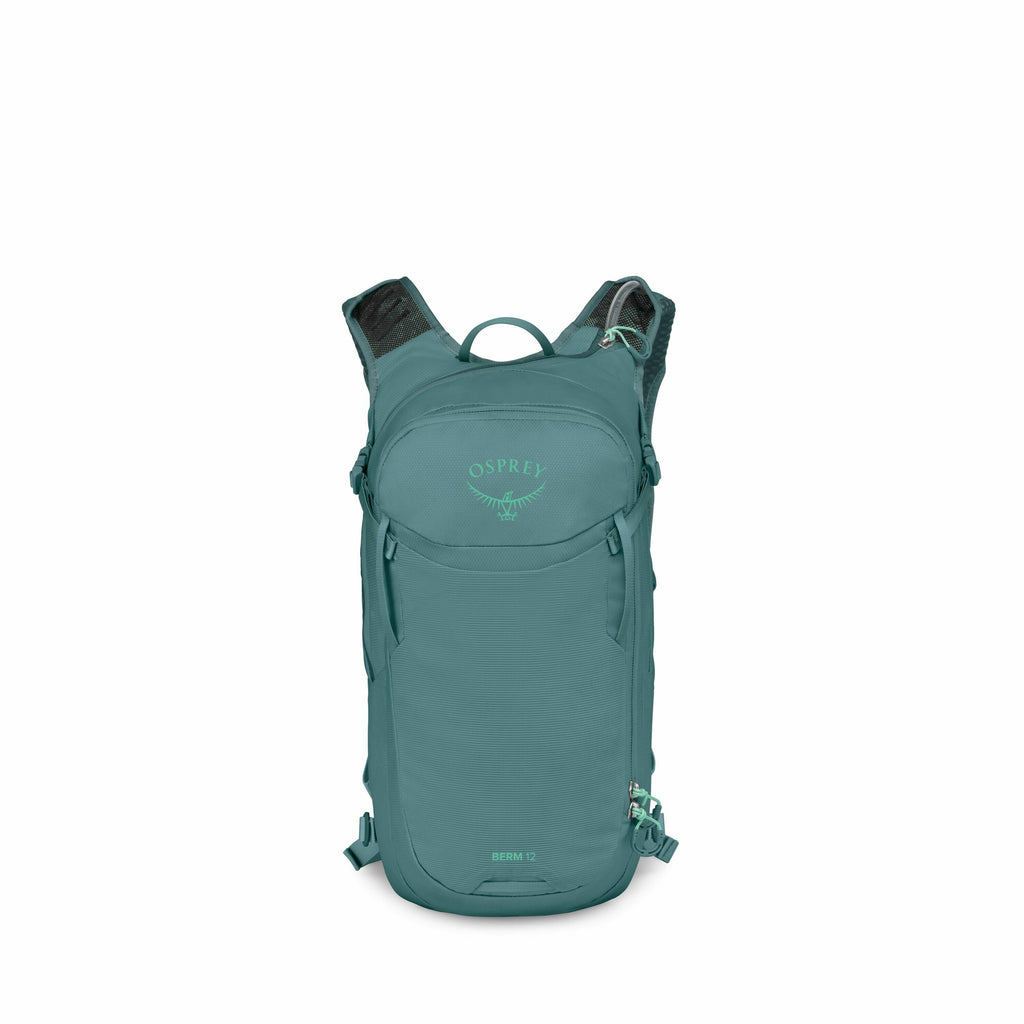 The image depicts a teal-colored Osprey backpack, specifically the Berm 12 model. The backpack is shown from a front view, highlighting its streamlined design and functional features such as adjustable shoulder straps and multiple compartments for storage