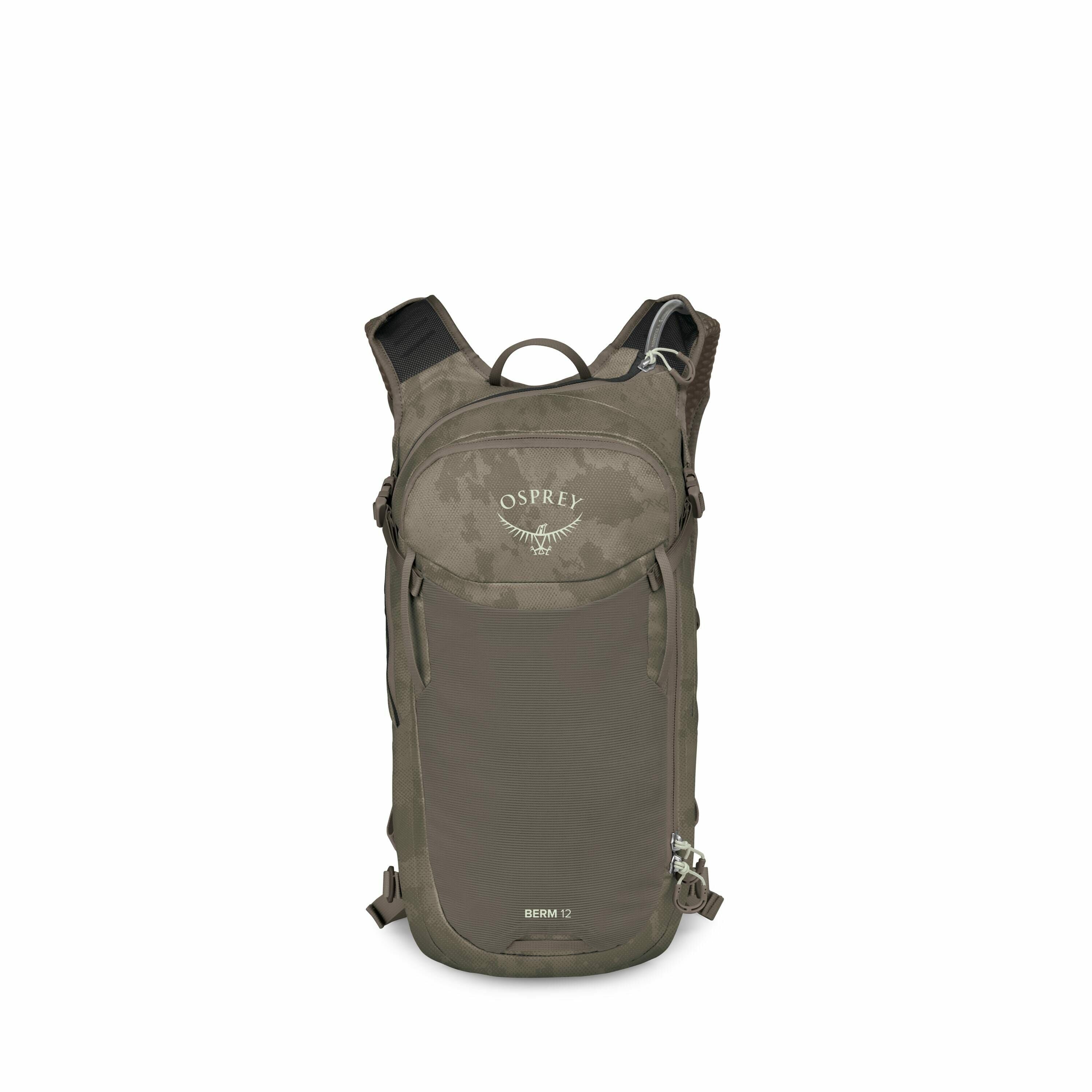 The images show a series of green backpacks with camouflage patterns. The backpacks feature the Osprey logo prominently on the upper front part, below a smaller compartment zipper. These backpacks have a streamlined design, ideal for outdoor activities or