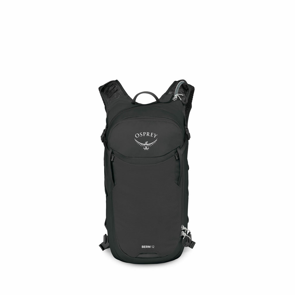 The image displays a black Osprey backpack named "BERM 12," prominently showcasing the brand's logo near the top with an emblem resembling an open-winged bird beneath the word "Osprey." The backpack has a sleek and compact design with a top zipper compart