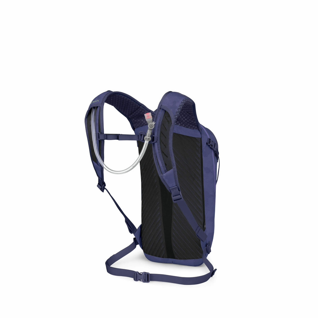 The image showcases a blue backpack designed for outdoor activities, particularly hiking or biking, featuring a hydration system. It has adjustable straps, allowing for a secure and customized fit. The backpack includes a hydration tube extending from the