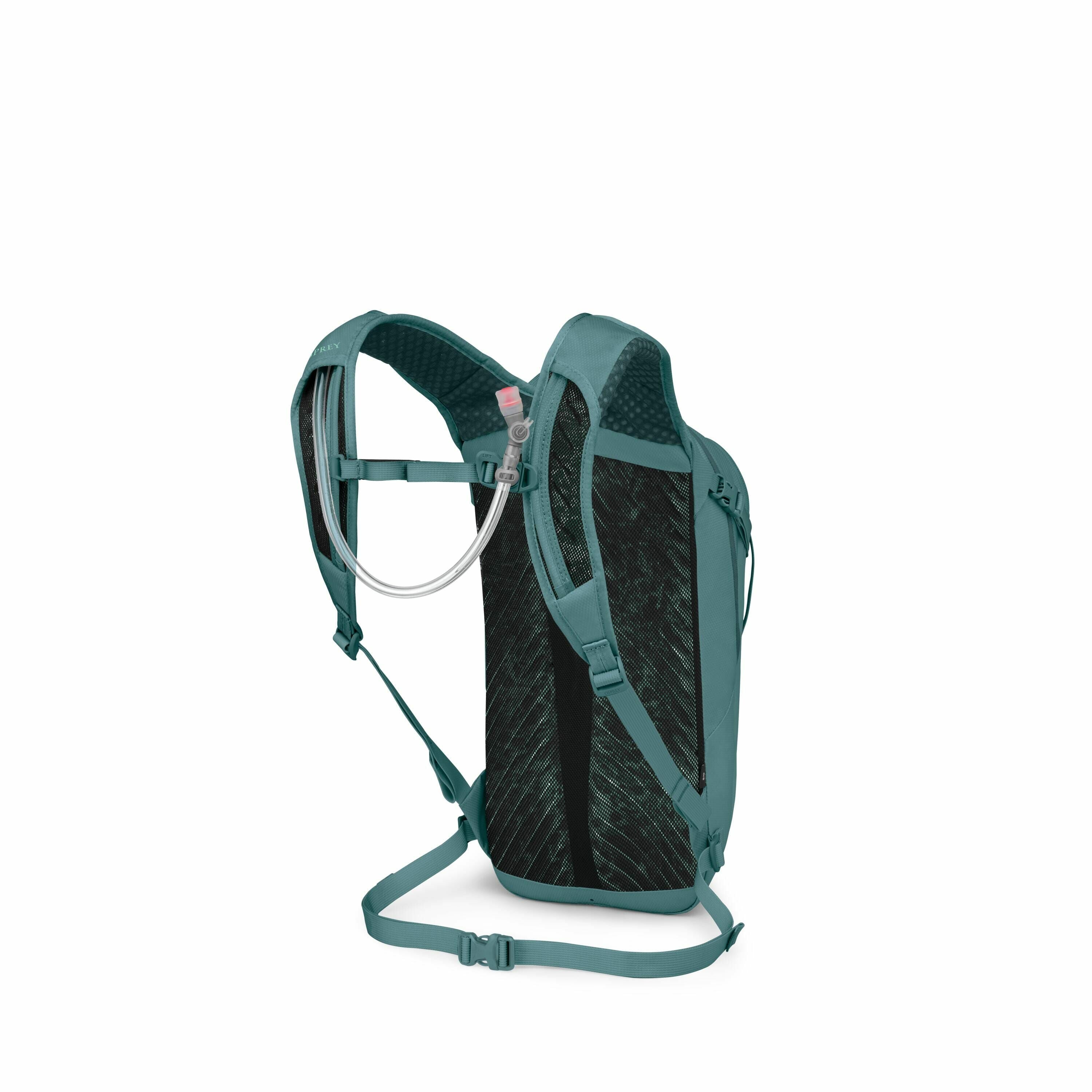 The image showcases a teal backpack with a focus on its back panel and straps. The back panel is made from a breathable mesh material, designed for comfort and ventilation. There is a hydration system with a tube and bite valve, likely integrated for easy
