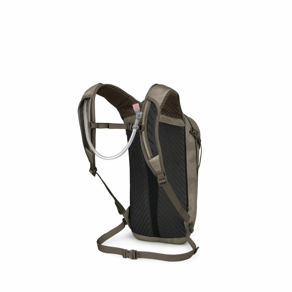 The image depicts a backpack designed for outdoor activities, featuring a hydration system with a tube and bite valve attached to the shoulder strap. The backpack is predominantly black and brown with a camouflage pattern, offering a rugged and tactical a