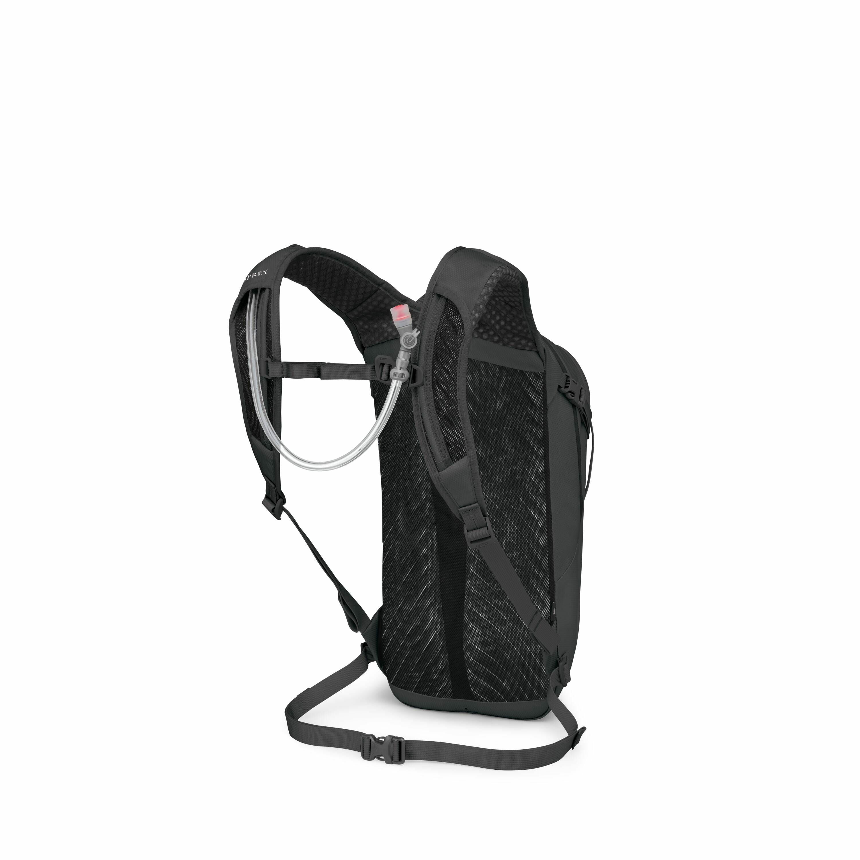 The image features a sleek, black backpack designed for outdoor activities. It has a minimalist design with a focus on functionality, evident from the built-in hydration system visible in the form of a drinking tube attached to one of the shoulder straps.
