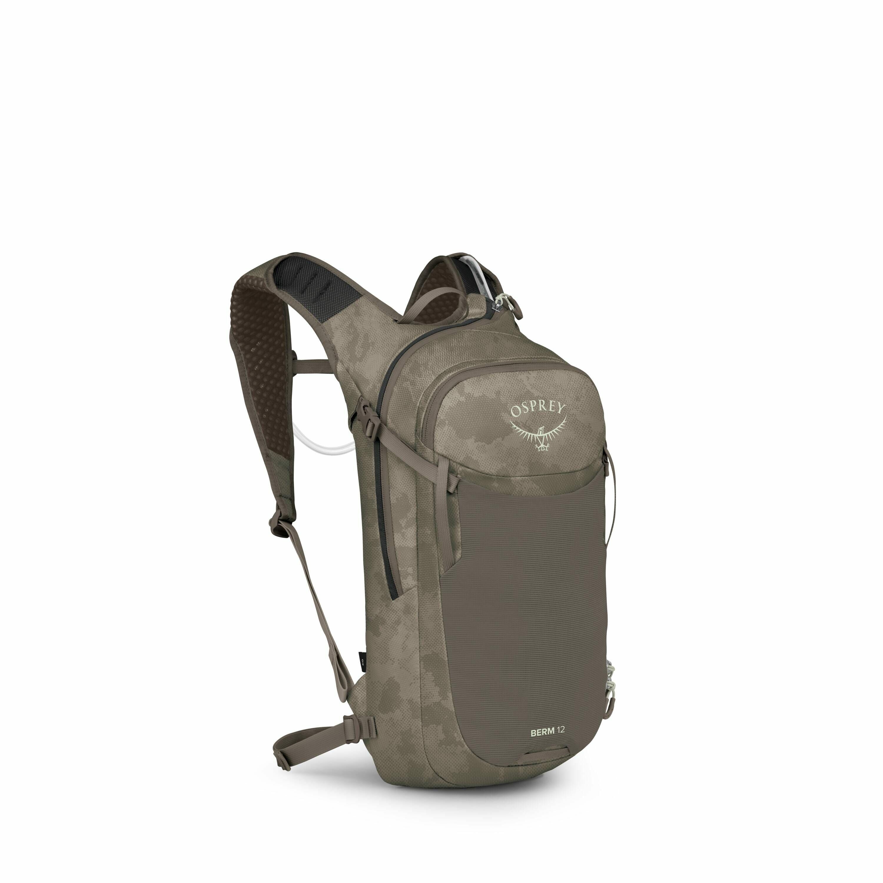 The image depicts an Osprey backpack in a camouflage pattern, primarily colored in brown and green shades. The backpack has a sleek design with a main compartment, a front pocket, and adjustable shoulder straps for comfortable carrying. The Osprey logo is