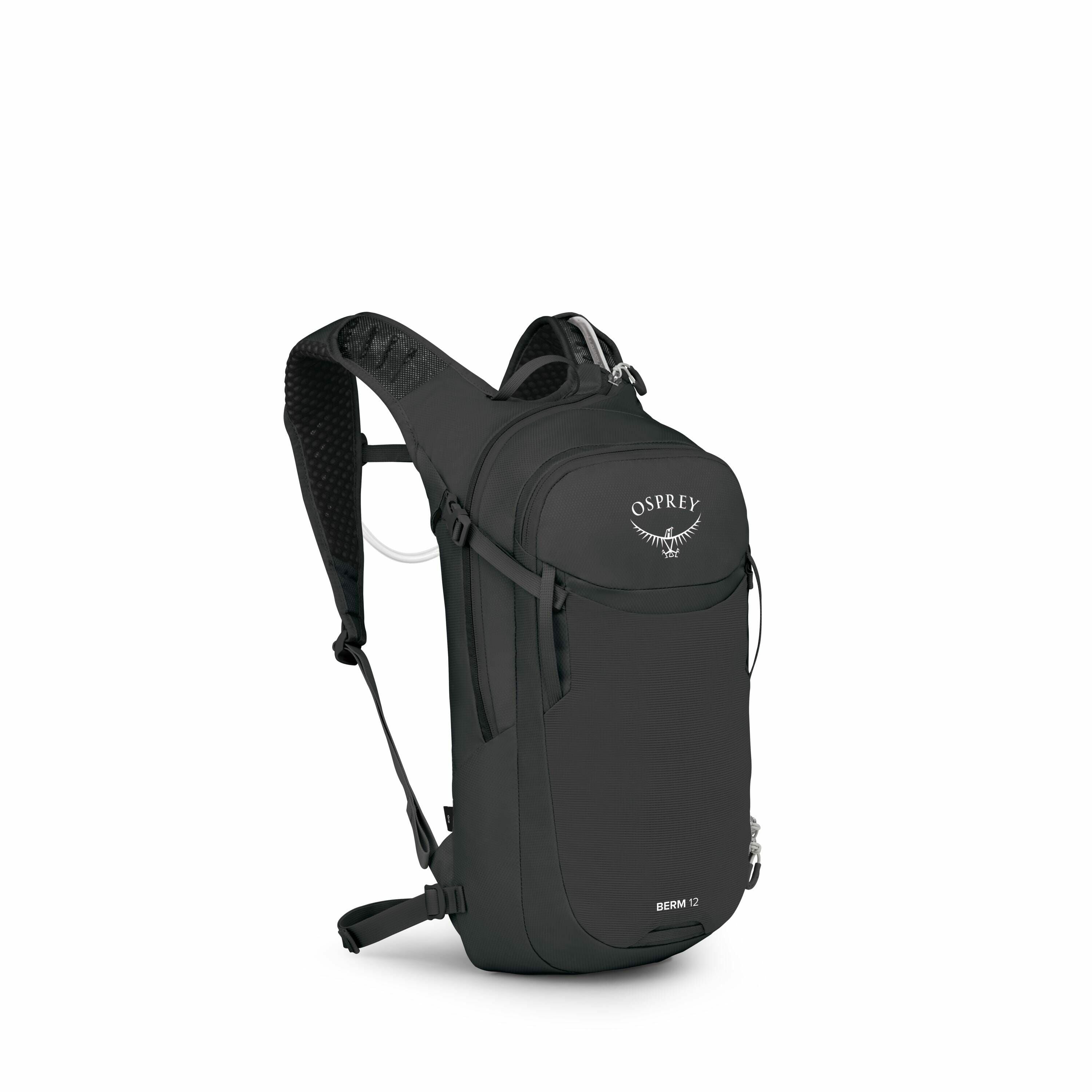 The image displays a black Osprey backpack, specifically labeled as the "BERM 12." The design is sleek and compact, likely suited for activities such as hiking or biking. The backpack features a front zippered compartment and adjustable padded shoulder st