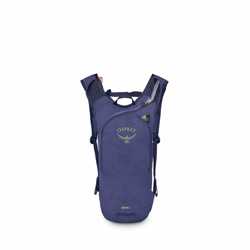 The images show a compact Osprey backpack designed for outdoor activities like hiking or biking. It features a sleek, aerodynamic design in a vibrant blue color with a subtle camouflage pattern. The backpack is equipped with shoulder straps and appears to
