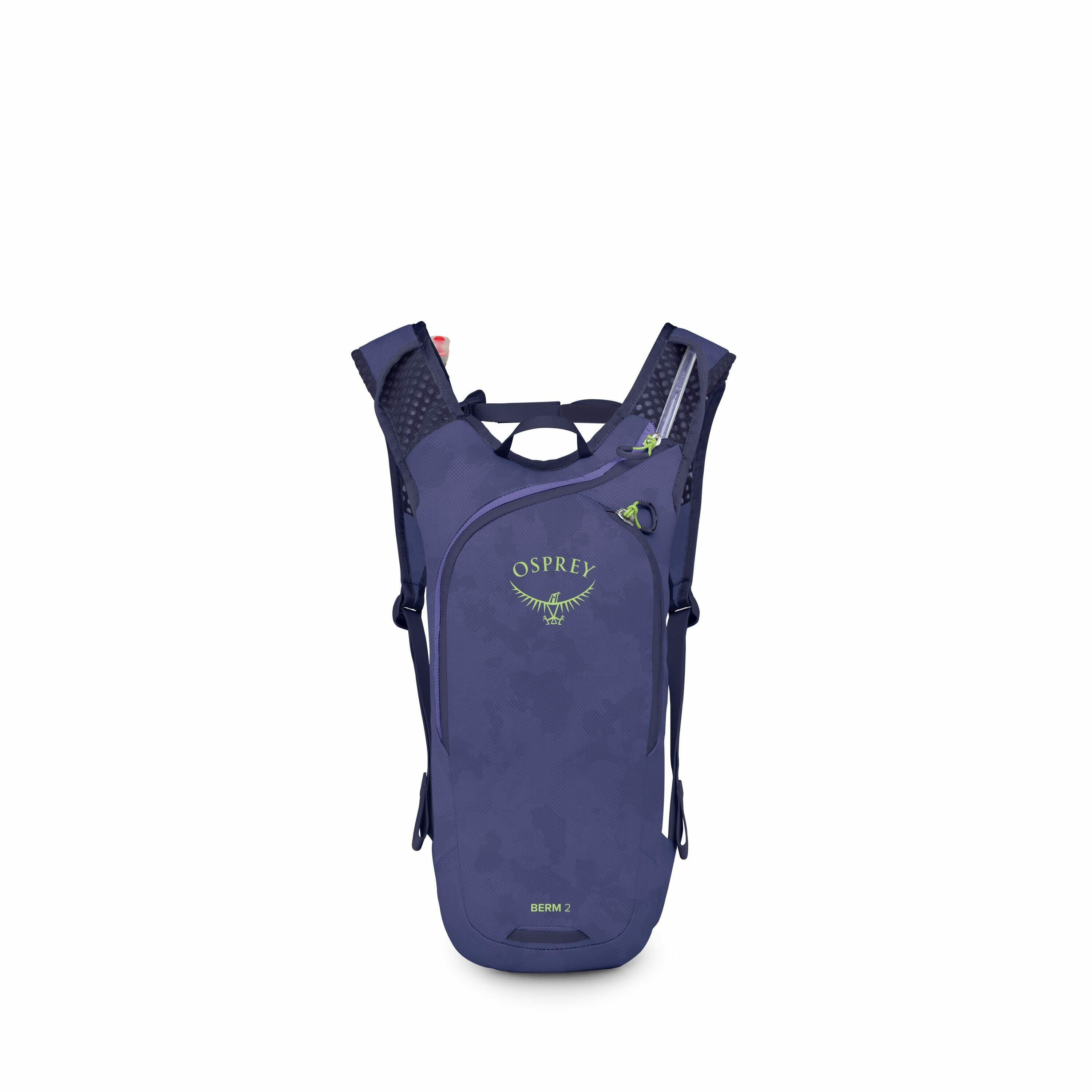 The images show a compact Osprey backpack designed for outdoor activities like hiking or biking. It features a sleek, aerodynamic design in a vibrant blue color with a subtle camouflage pattern. The backpack is equipped with shoulder straps and appears to