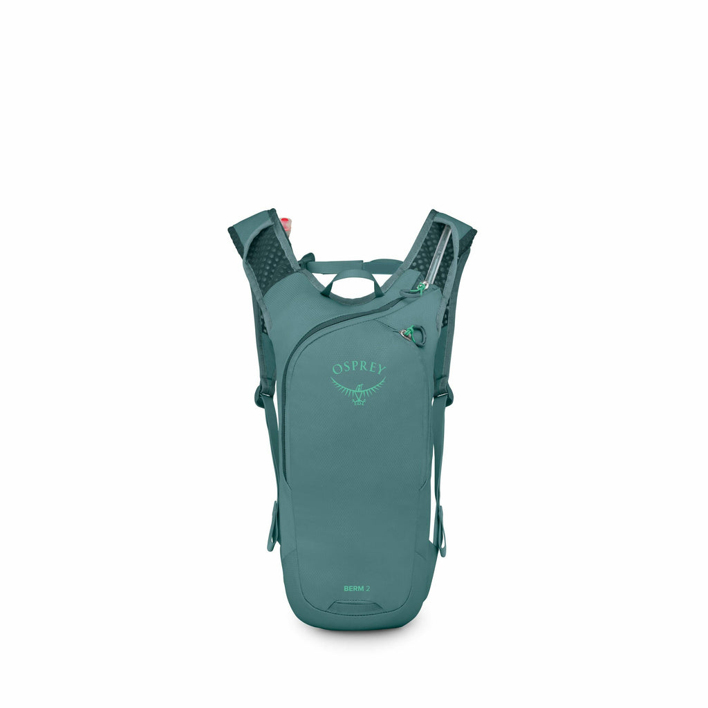 The image depicts a teal Osprey backpack designed for light and active use, likely a hydration pack given its streamlined design and size. The backpack features two main compartments accessible via zippers, and it has adjustable shoulder straps with mesh