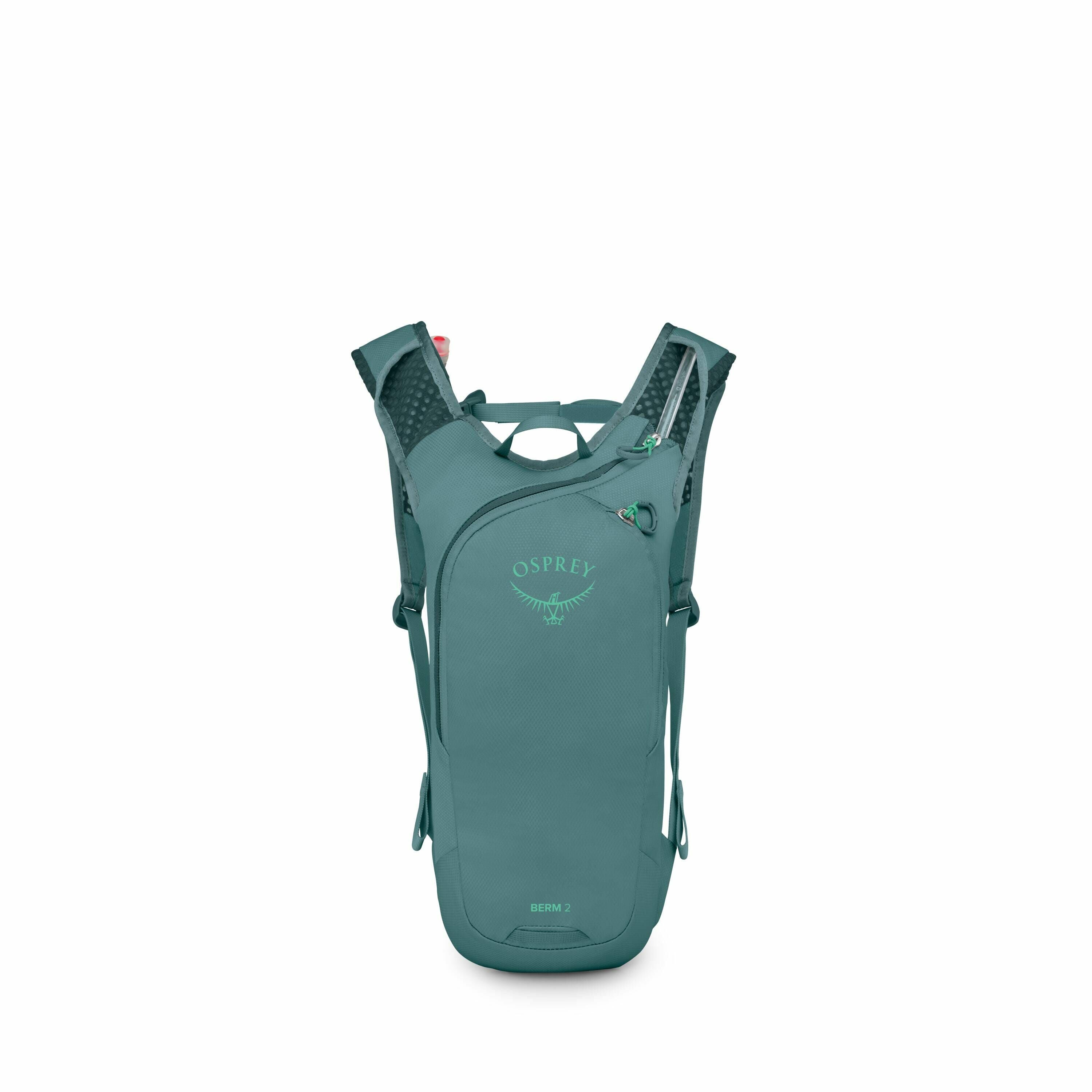The image depicts a teal Osprey backpack designed for light and active use, likely a hydration pack given its streamlined design and size. The backpack features two main compartments accessible via zippers, and it has adjustable shoulder straps with mesh