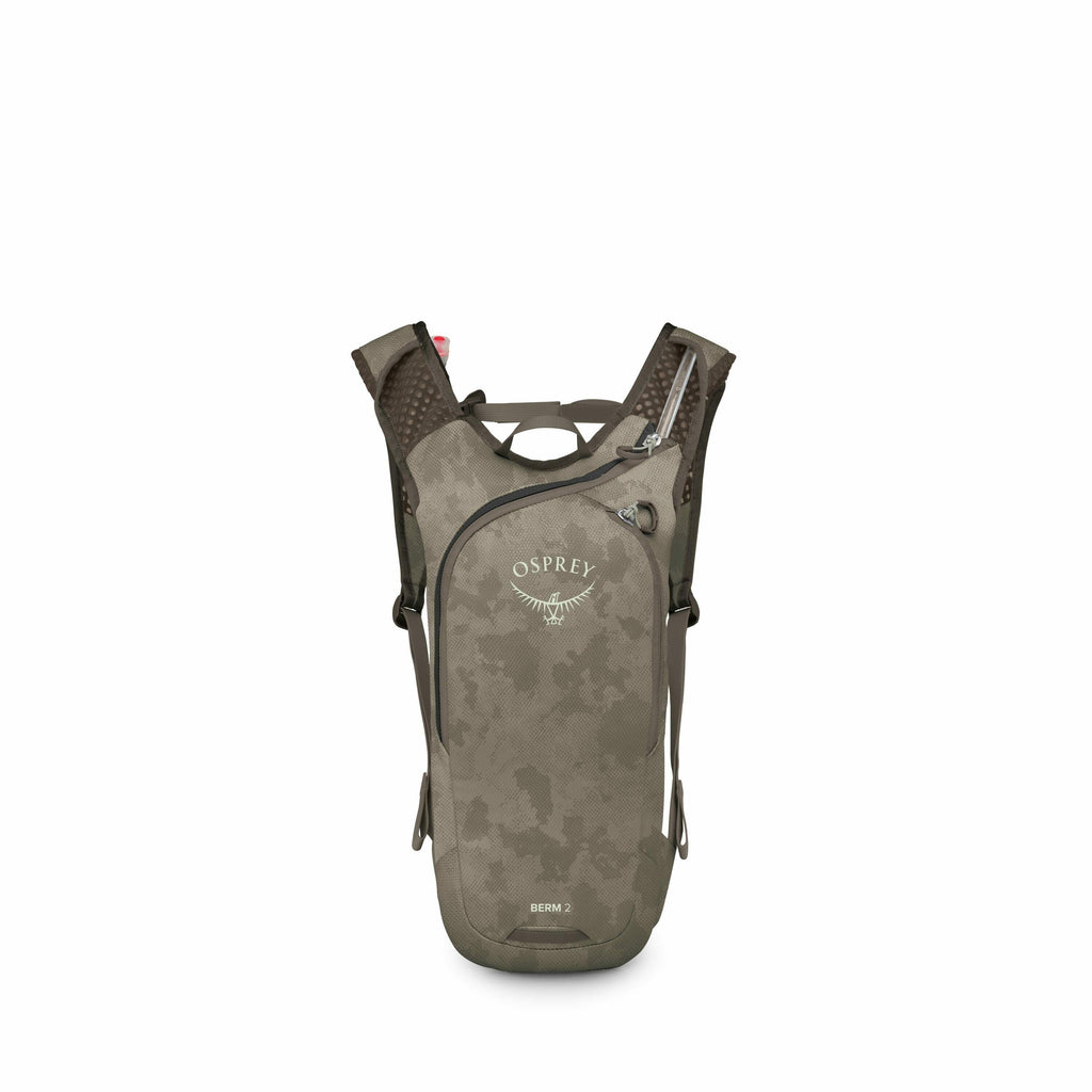 The image shows a small, sleek backpack designed by Osprey, named the "Berm 2." It features a camouflage pattern in various shades of brown and green, emphasizing an outdoor or tactical theme. The backpack is compact, likely intended for activities like h