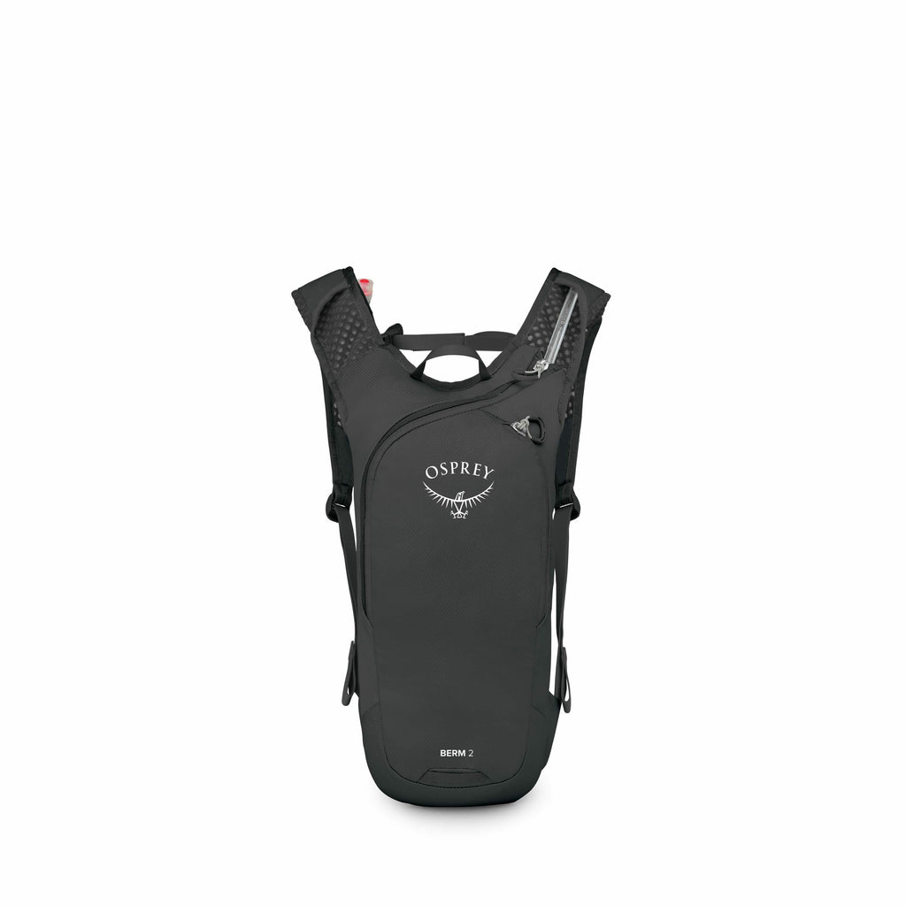 The image showcases an Osprey Berm 2 hydration pack designed for outdoor activities like hiking or cycling. The backpack is compact and sleek, predominantly black in color, with the Osprey logo, featuring a stylized bird, prominently displayed on the fron