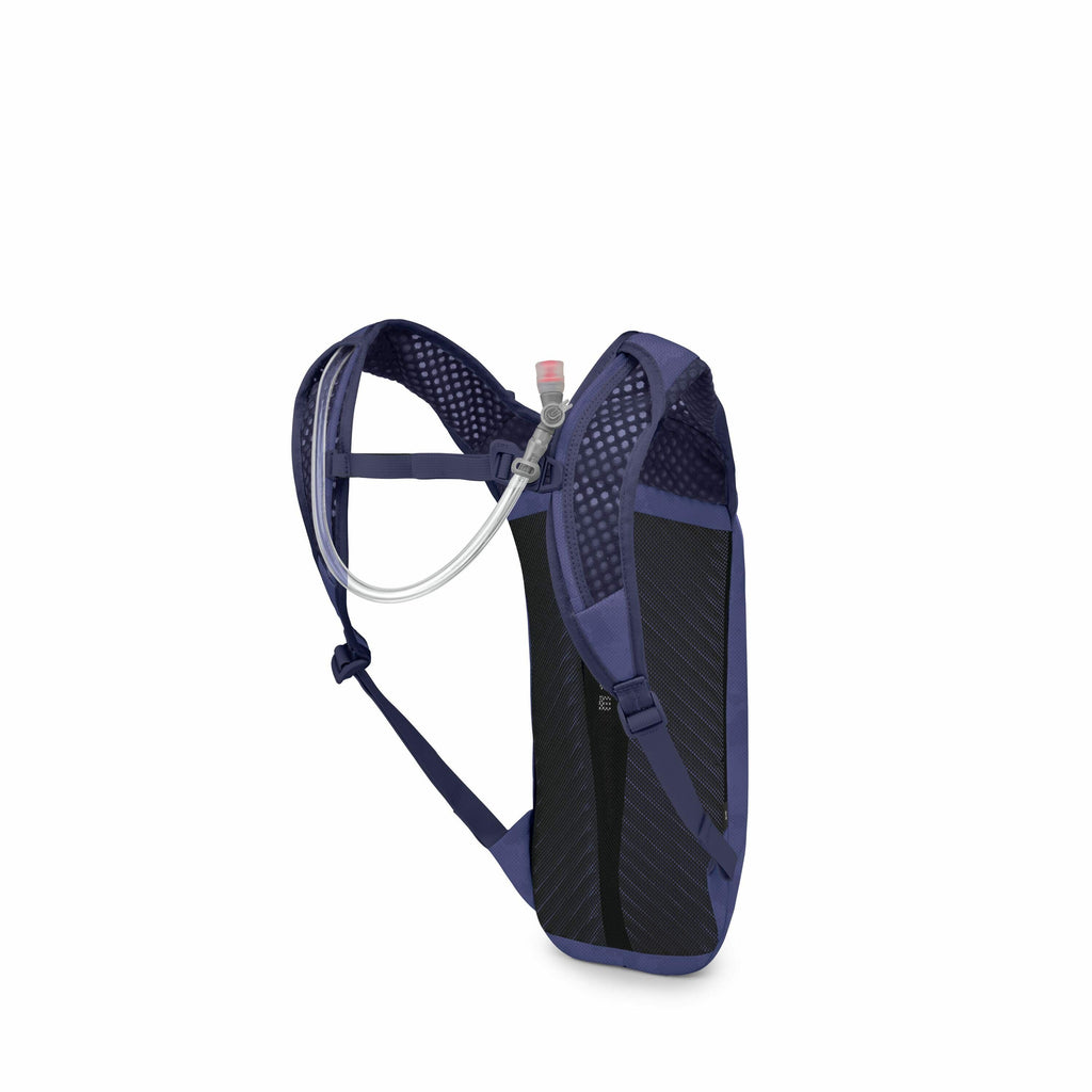 The images display a compact, lightweight hydration backpack designed for outdoor activities. The backpack is predominantly a dark blue color with mesh straps for ventilation and comfort. It features a hydration tube and a bite valve for easy drinking on