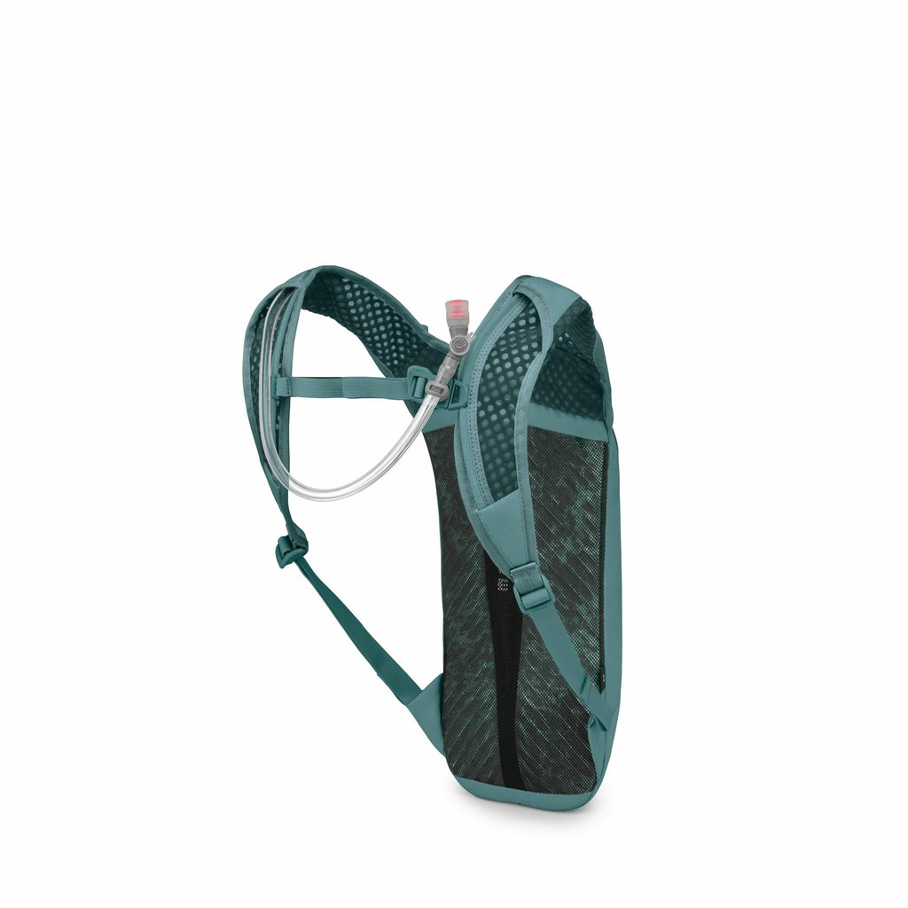 The image depicts a minimalist, lightweight hydration pack designed for outdoor activities like running or hiking. The pack is made from a mesh material, primarily in a teal color, allowing for breathability and comfort. It features two shoulder straps, a