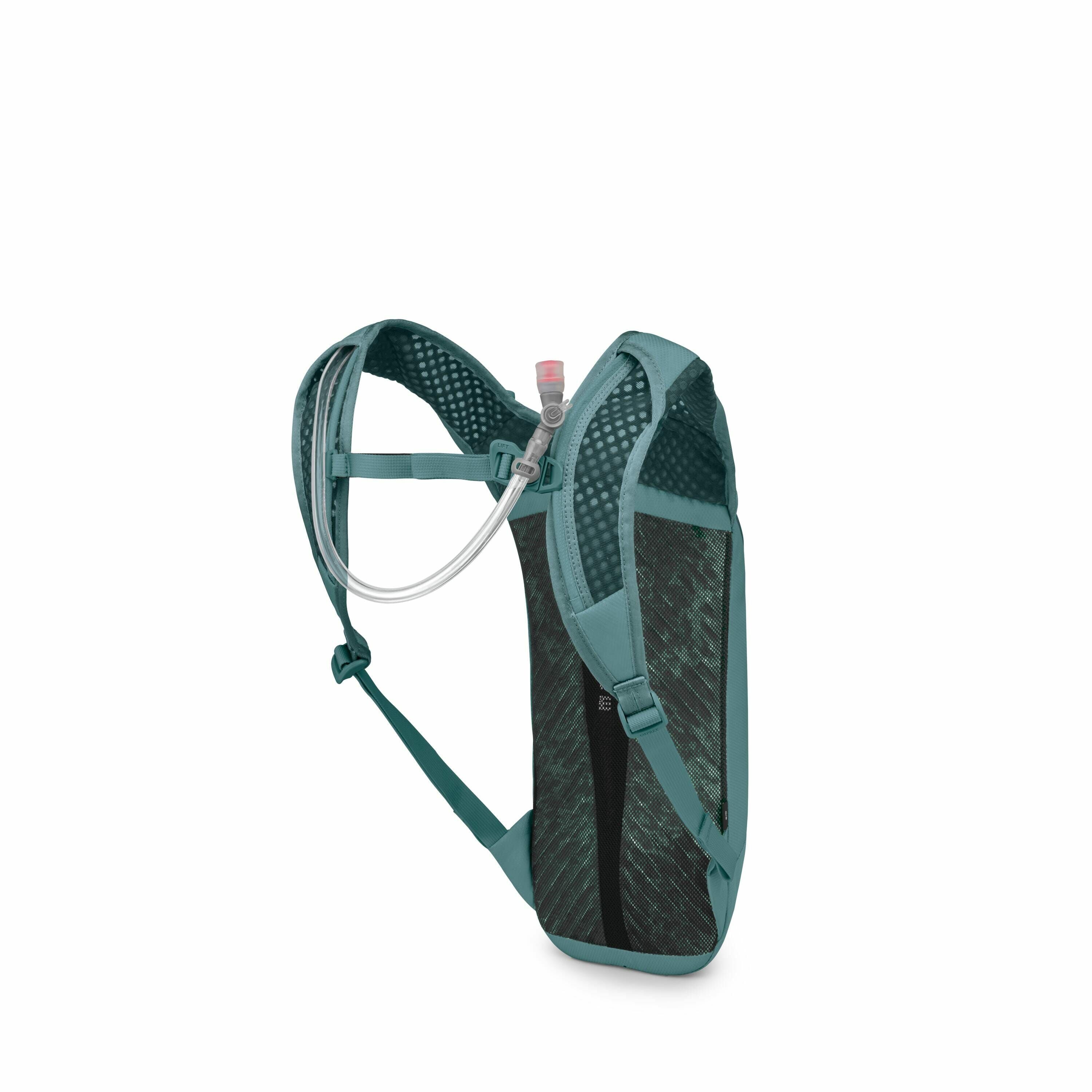 The image depicts a minimalist, lightweight hydration pack designed for outdoor activities like running or hiking. The pack is made from a mesh material, primarily in a teal color, allowing for breathability and comfort. It features two shoulder straps, a