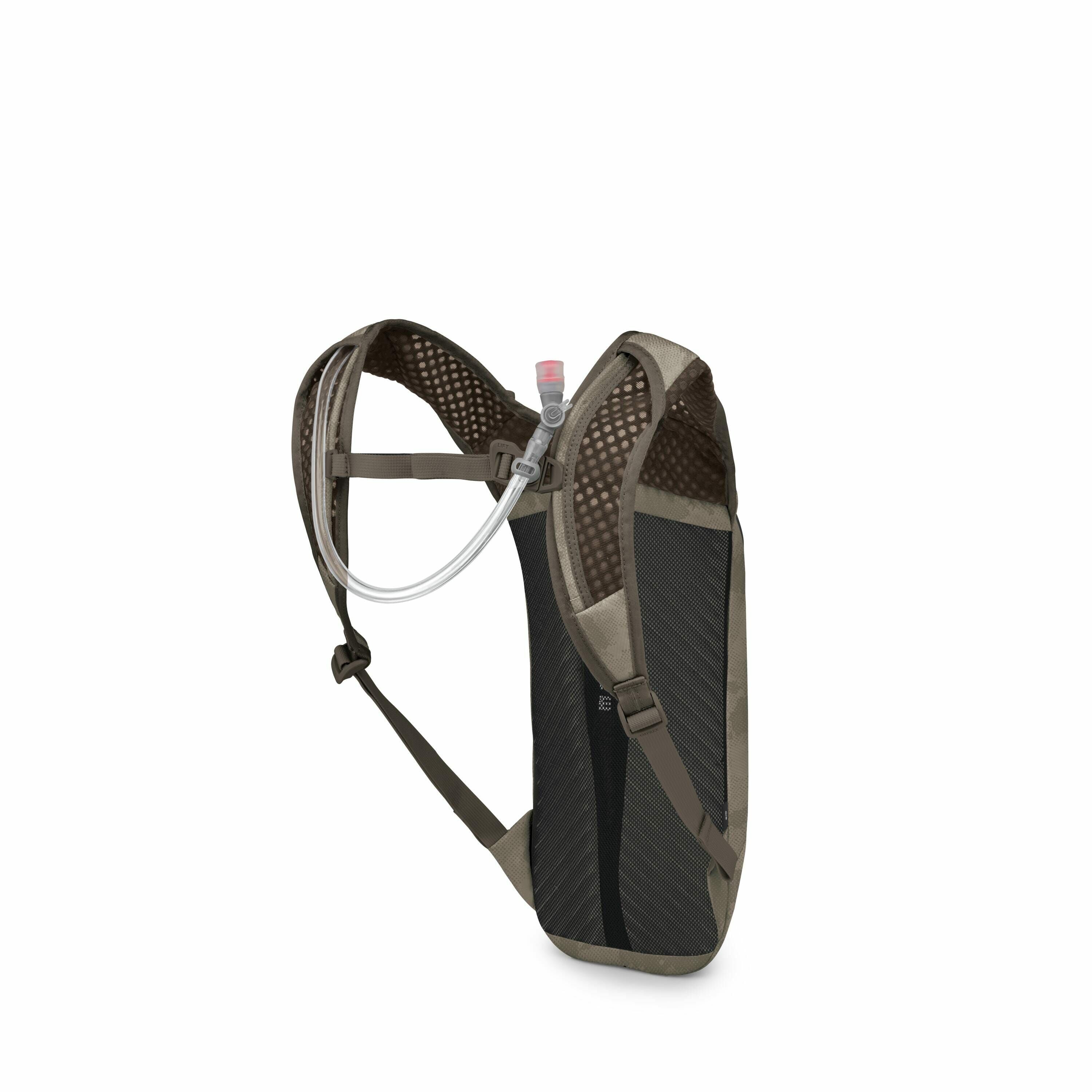 The image shows a sleek and minimalist hydration backpack, primarily designed for outdoor activities. It features a streamlined design with breathable mesh on the back and shoulder straps for comfort during extended wear. The backpack is equipped with a h