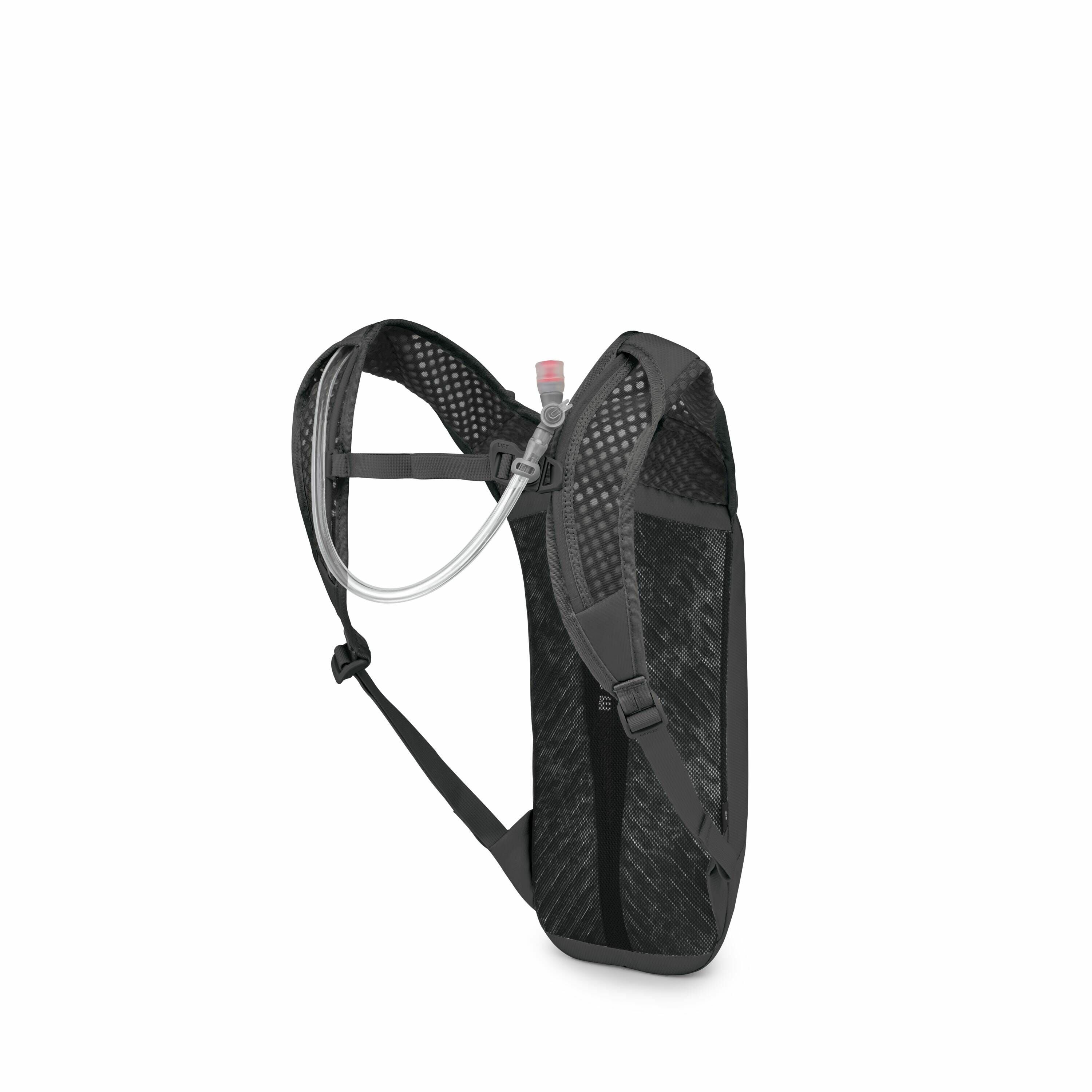 The image features a minimalist hydration backpack, primarily black with some lighter accents. This backpack is designed for active use, evident from its streamlined and compact design. It includes a hydration tube for easy access to water while on the mo