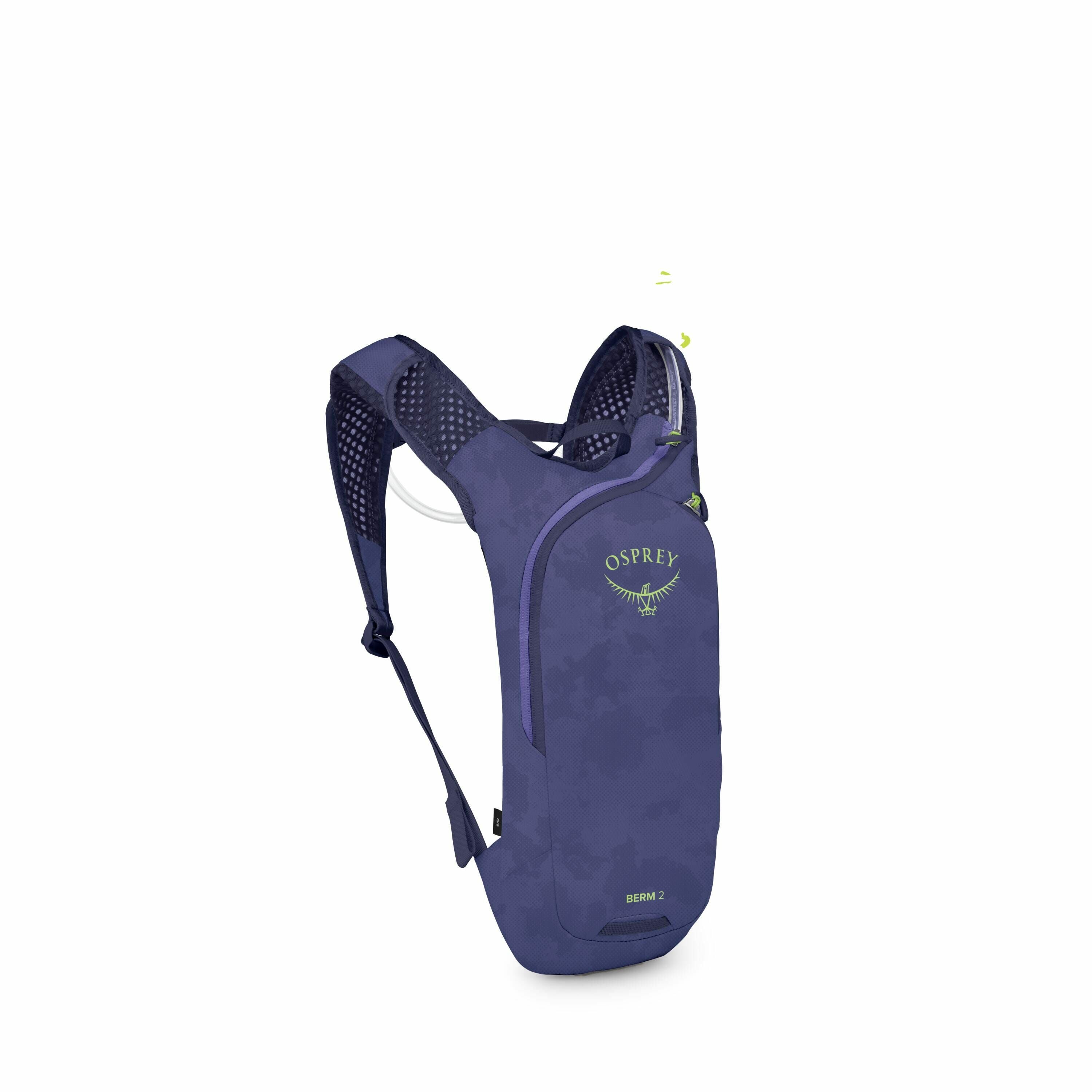 The image features a compact and sleek blue backpack from the brand Osprey, labeled "BERM 2." The design is minimalistic, with the Osprey logo prominently displayed on the front in green, depicting an abstract bird in flight. The backpack has two adjustab