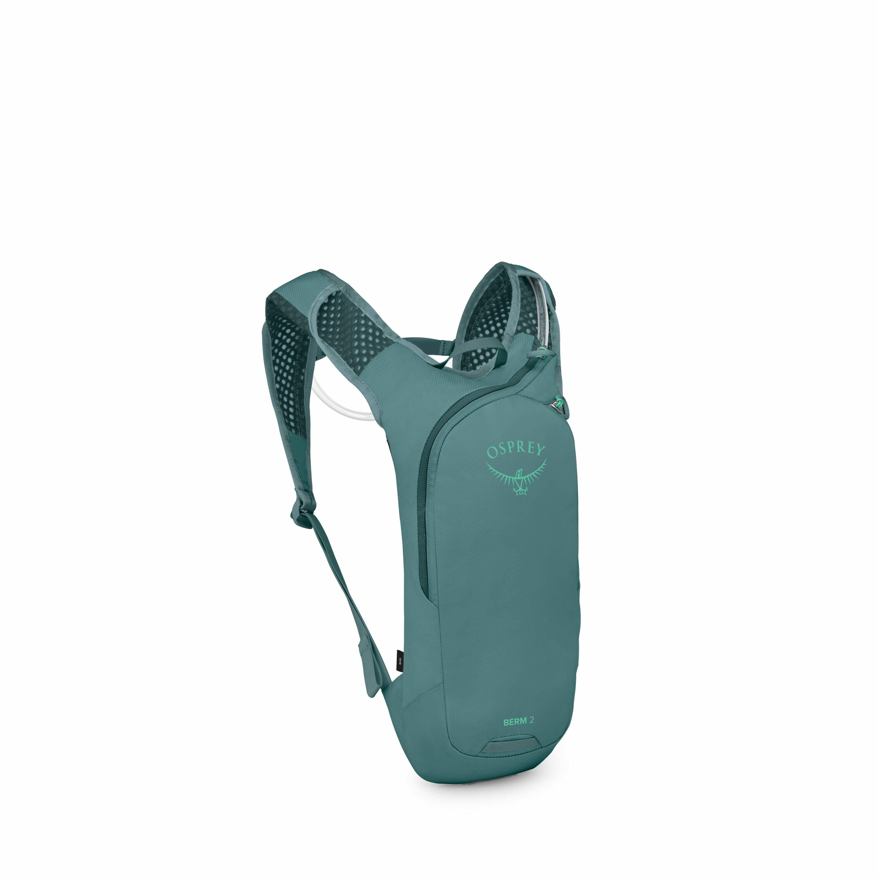 The image features a small, sleek backpack in a teal color. It is designed for outdoor activities, likely for cycling or hiking, as suggested by its compact size and form-fitting design. The backpack has adjustable straps and mesh padding for comfort and