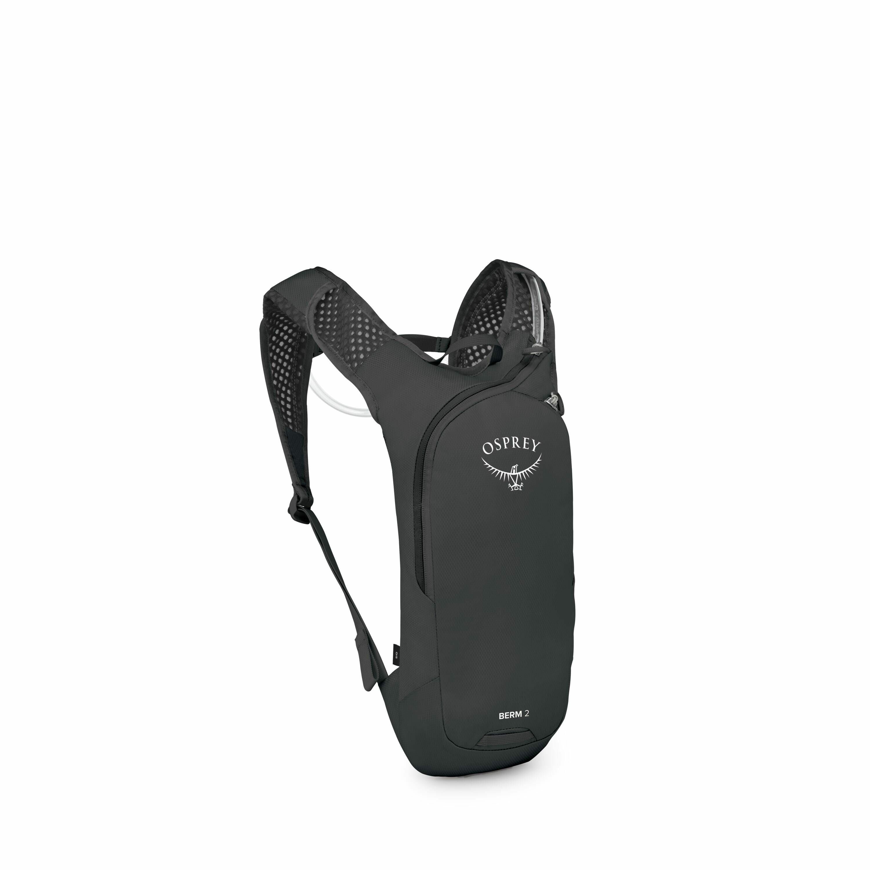 The image features a sleek, compact backpack from the brand Osprey. It is predominantly black and has a minimalist design with a single main compartment. The brand's logo, an osprey bird graphic, is prominently displayed in white on the front of the bag.