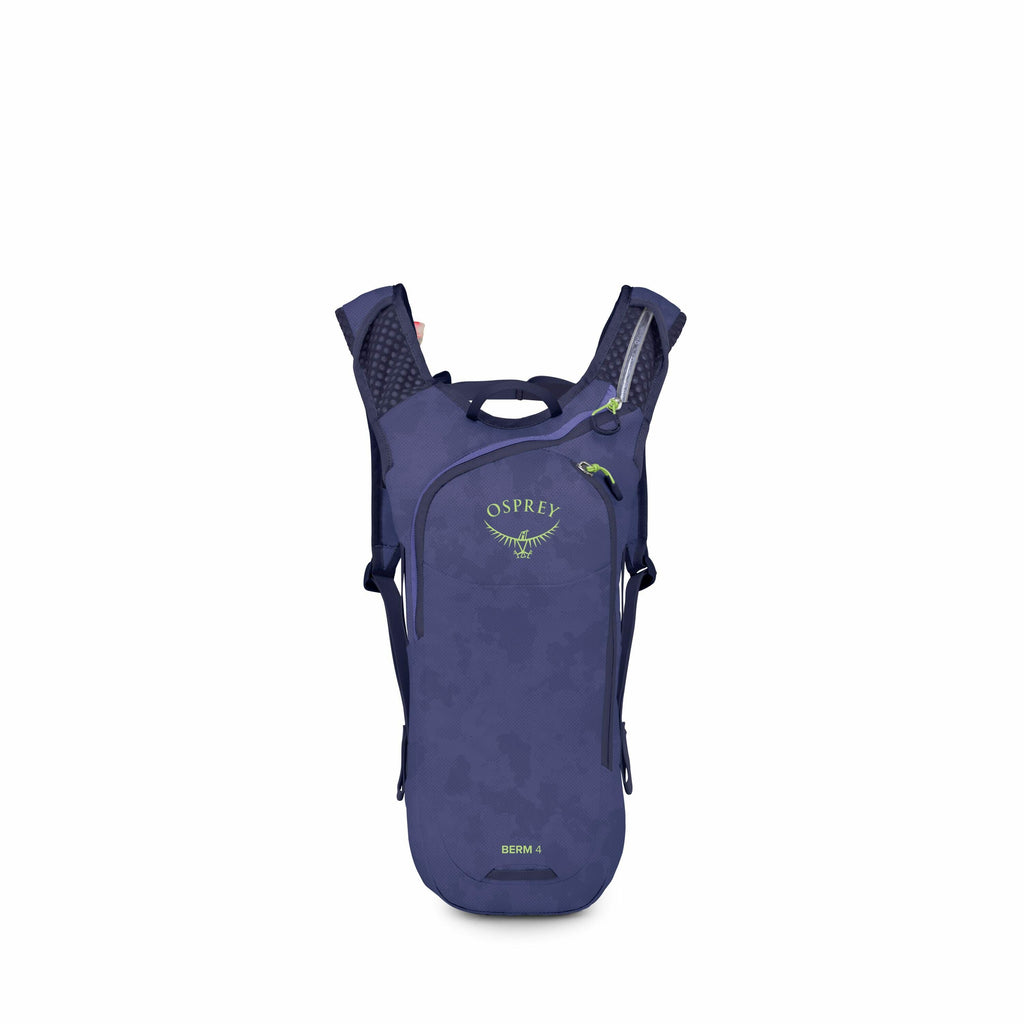 The image displays a compact and lightweight Osprey backpack, specifically the Berm 4 model, which is designed for outdoor activities. The backpack is primarily navy blue, featuring lime green accents in the form of zippers and the Osprey logo, which incl