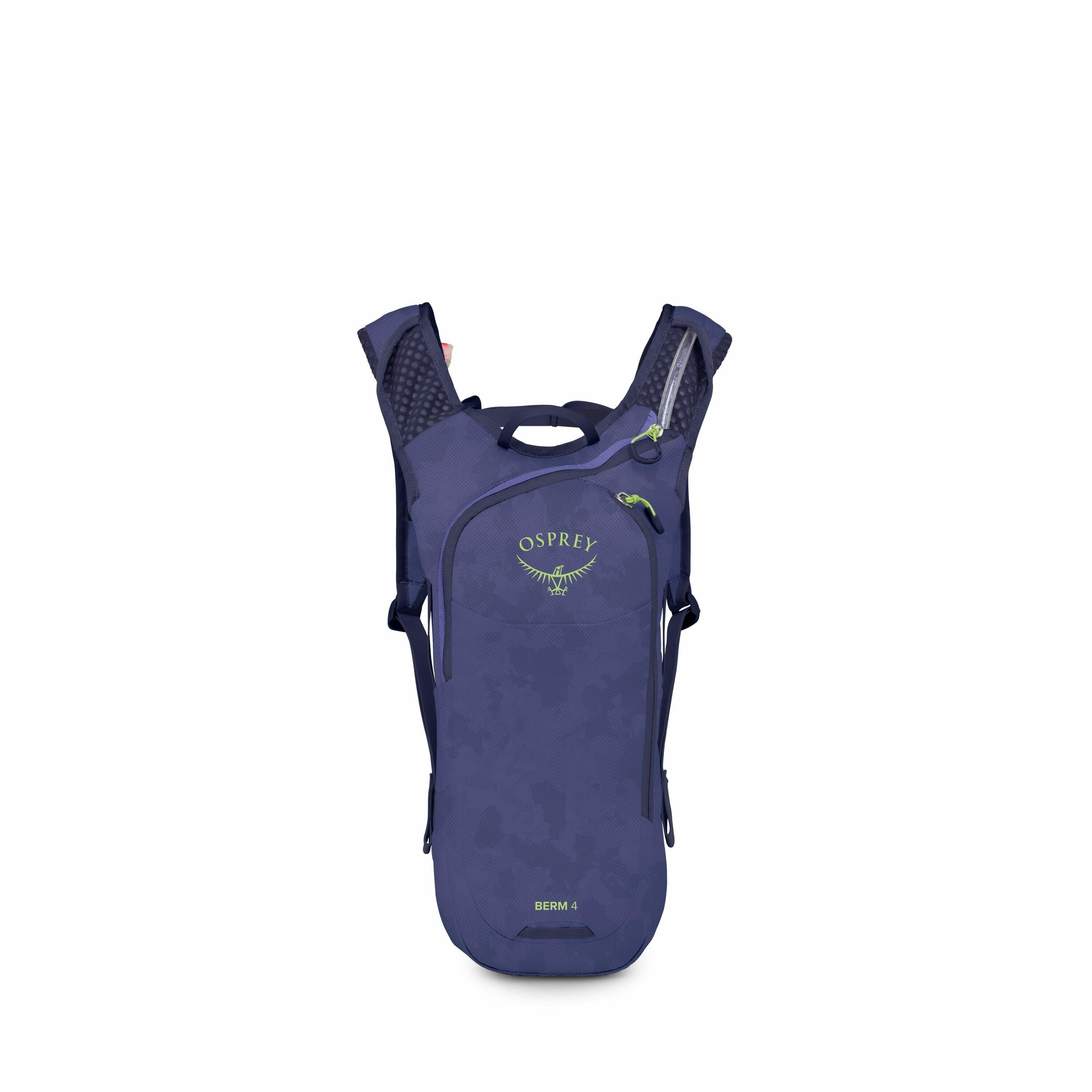 The image displays a compact and lightweight Osprey backpack, specifically the Berm 4 model, which is designed for outdoor activities. The backpack is primarily navy blue, featuring lime green accents in the form of zippers and the Osprey logo, which incl