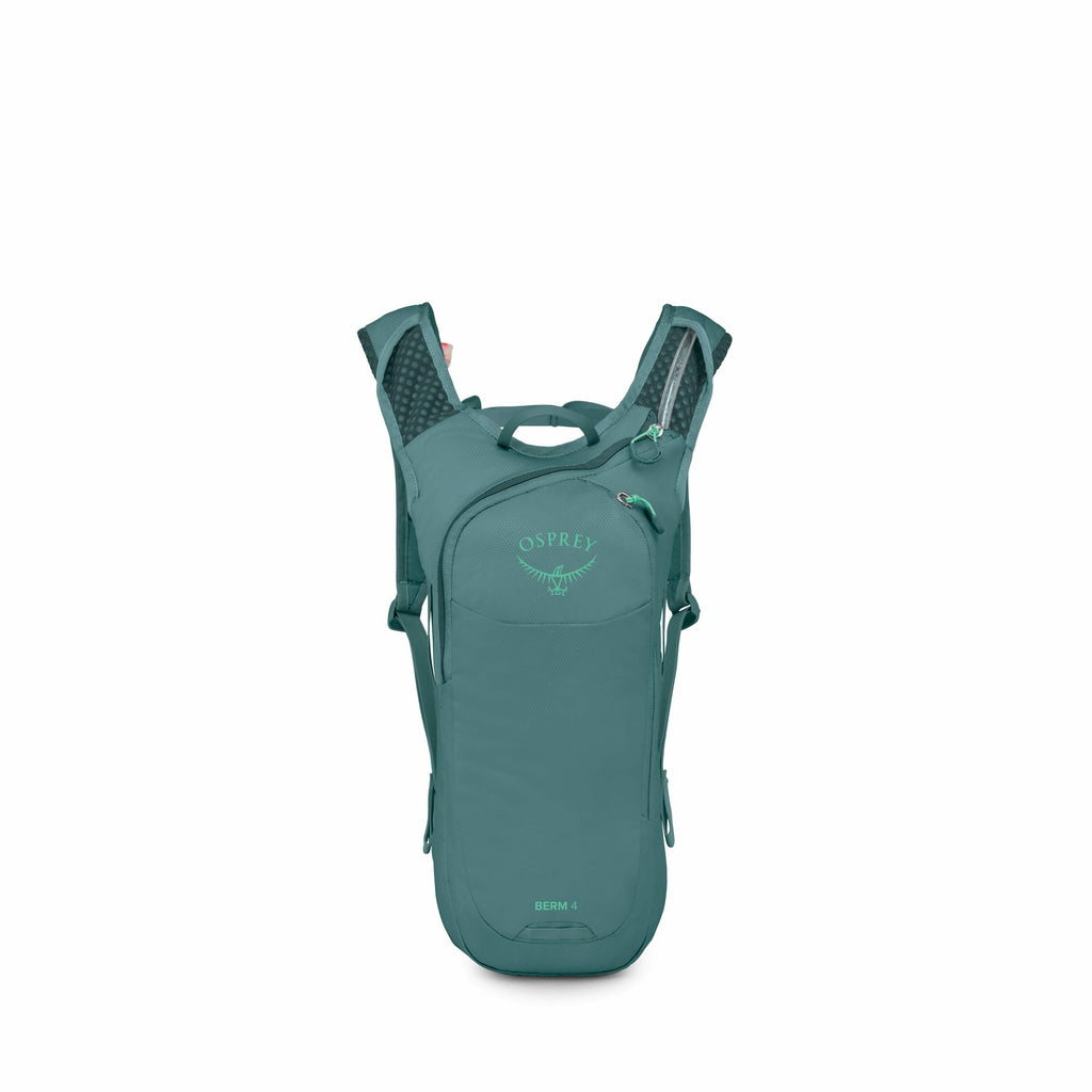The images showcase a teal Osprey backpack, specifically the "Berm 4" model. It is designed as a compact hydration pack, suitable for activities like cycling or hiking. The front of the backpack features the Osprey logo prominently, along with a small zip