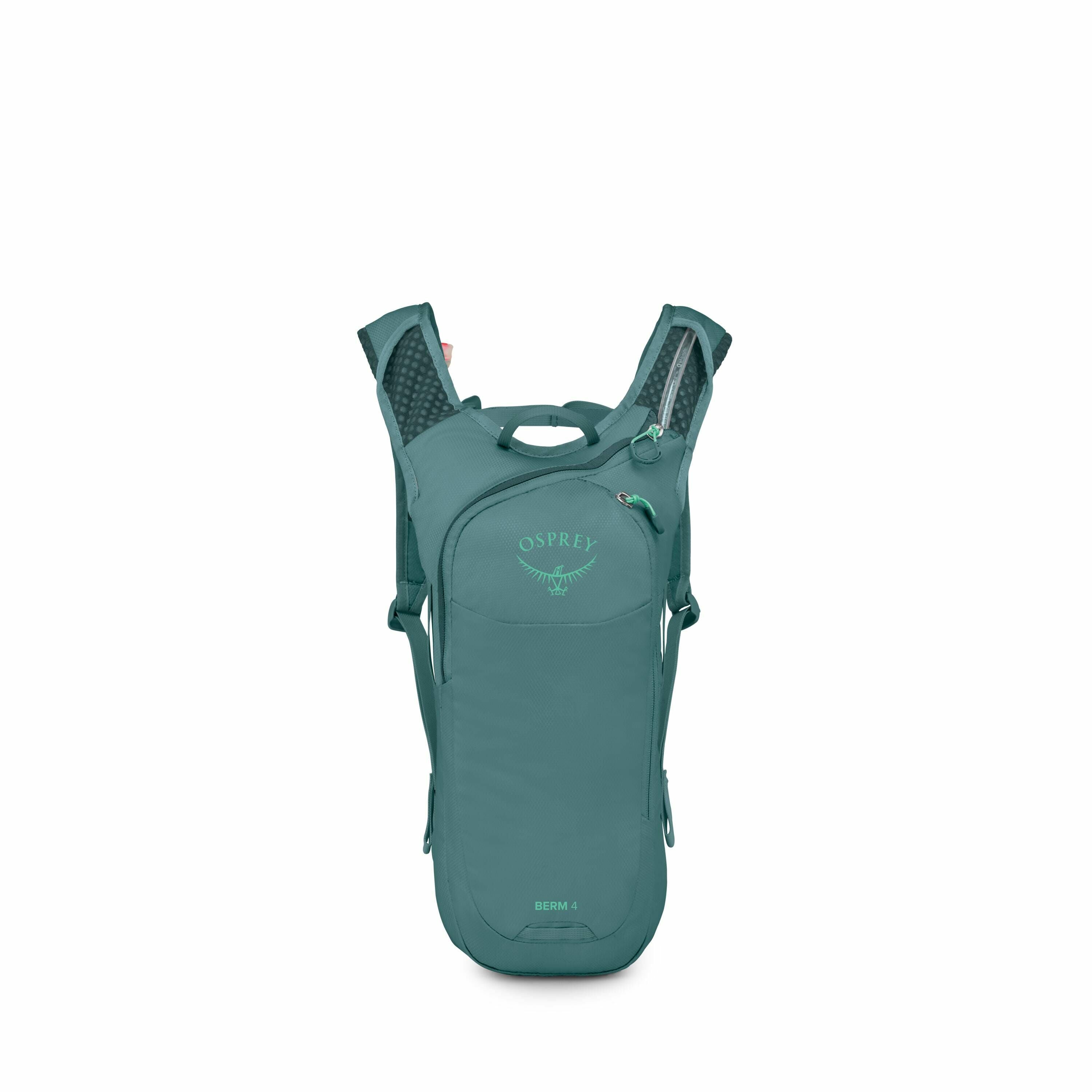 The images showcase a teal Osprey backpack, specifically the "Berm 4" model. It is designed as a compact hydration pack, suitable for activities like cycling or hiking. The front of the backpack features the Osprey logo prominently, along with a small zip